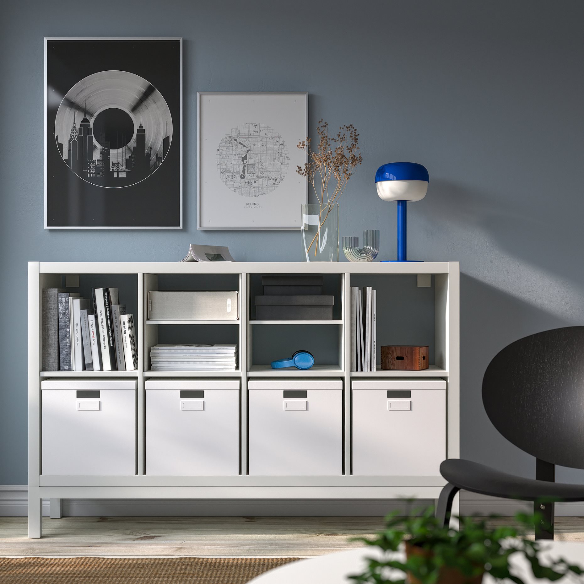 KALLAX, shelving unit with underframe with 2 shelf inserts, 147x94 cm, 995.529.12
