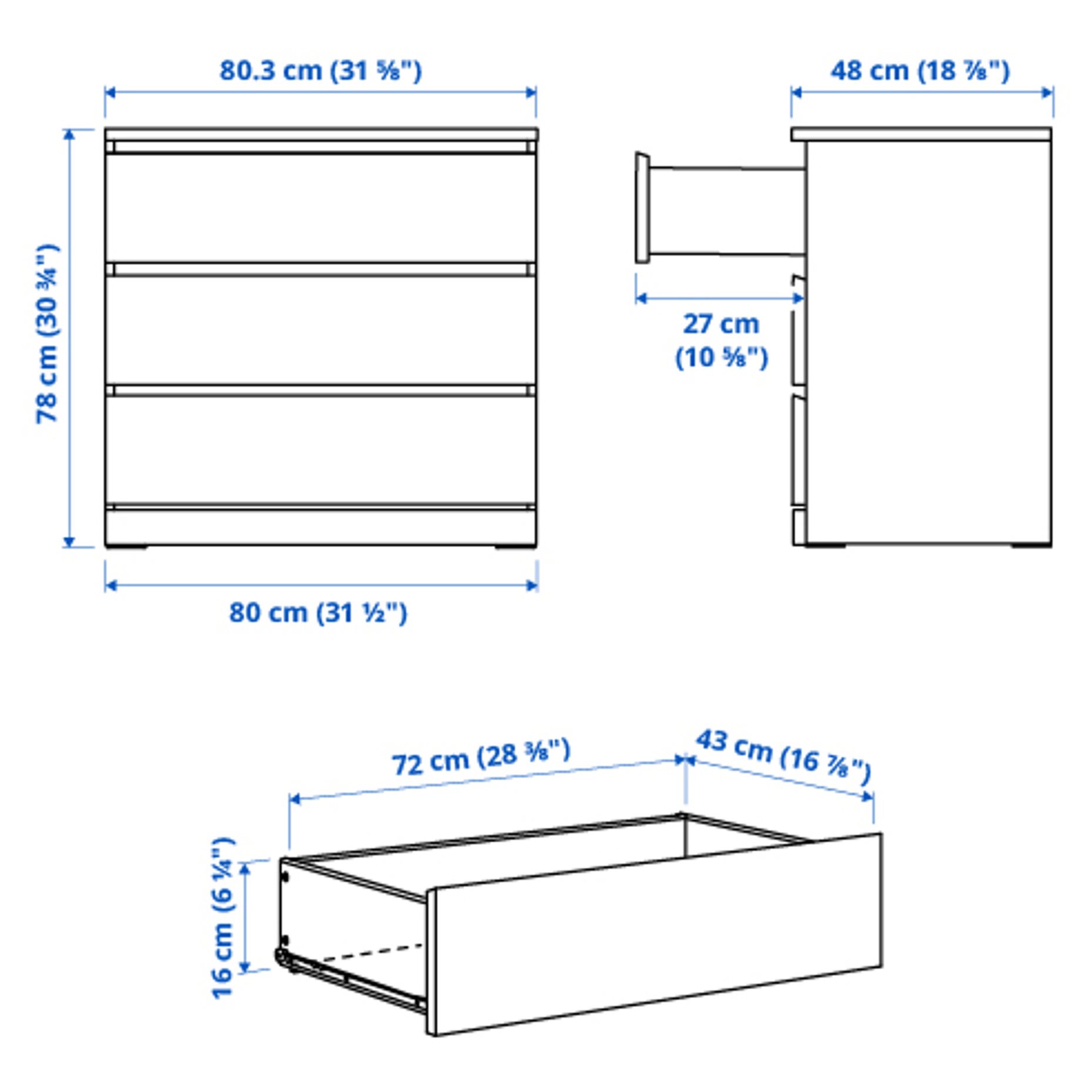 MALM, chest of 3 drawers, 80x78 cm, 204.035.62