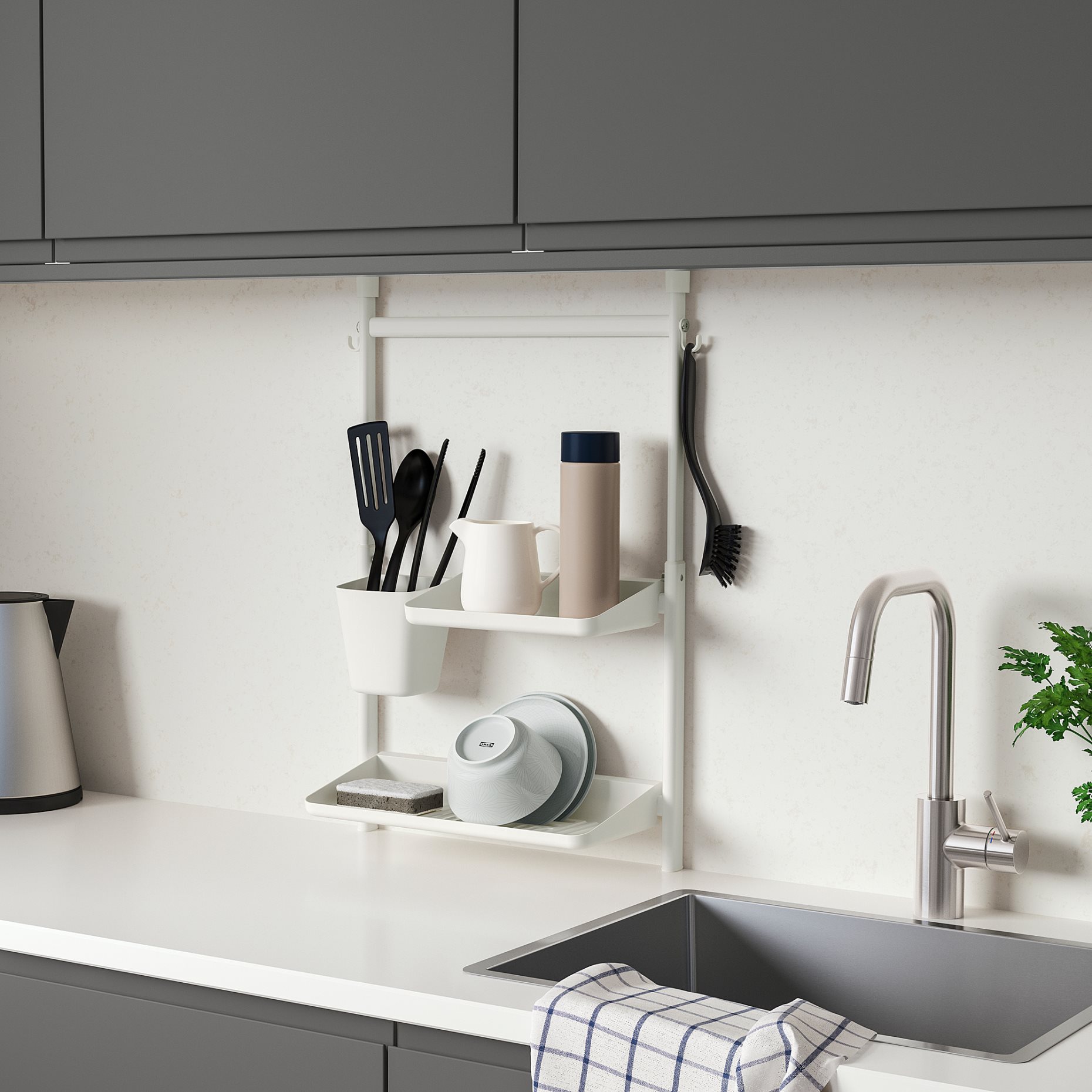 SUNNERSTA, kitchen organiser set/no drill/shelf/dish drainer/container, 393.384.25