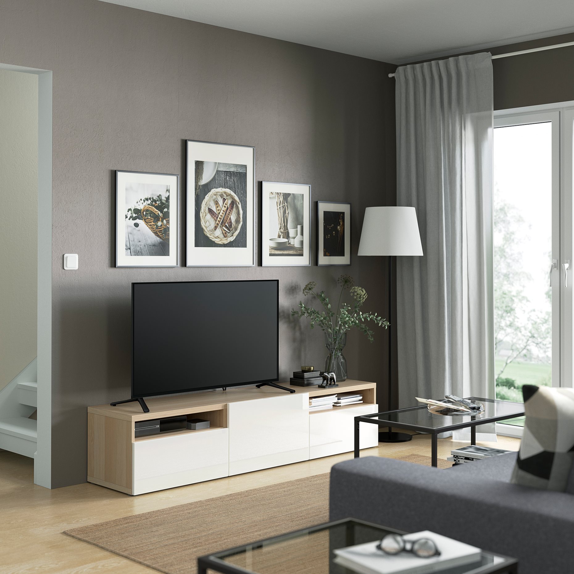 BESTÅ, TV bench with door/drawers soft closing, 180x42x39 cm, 493.286.14