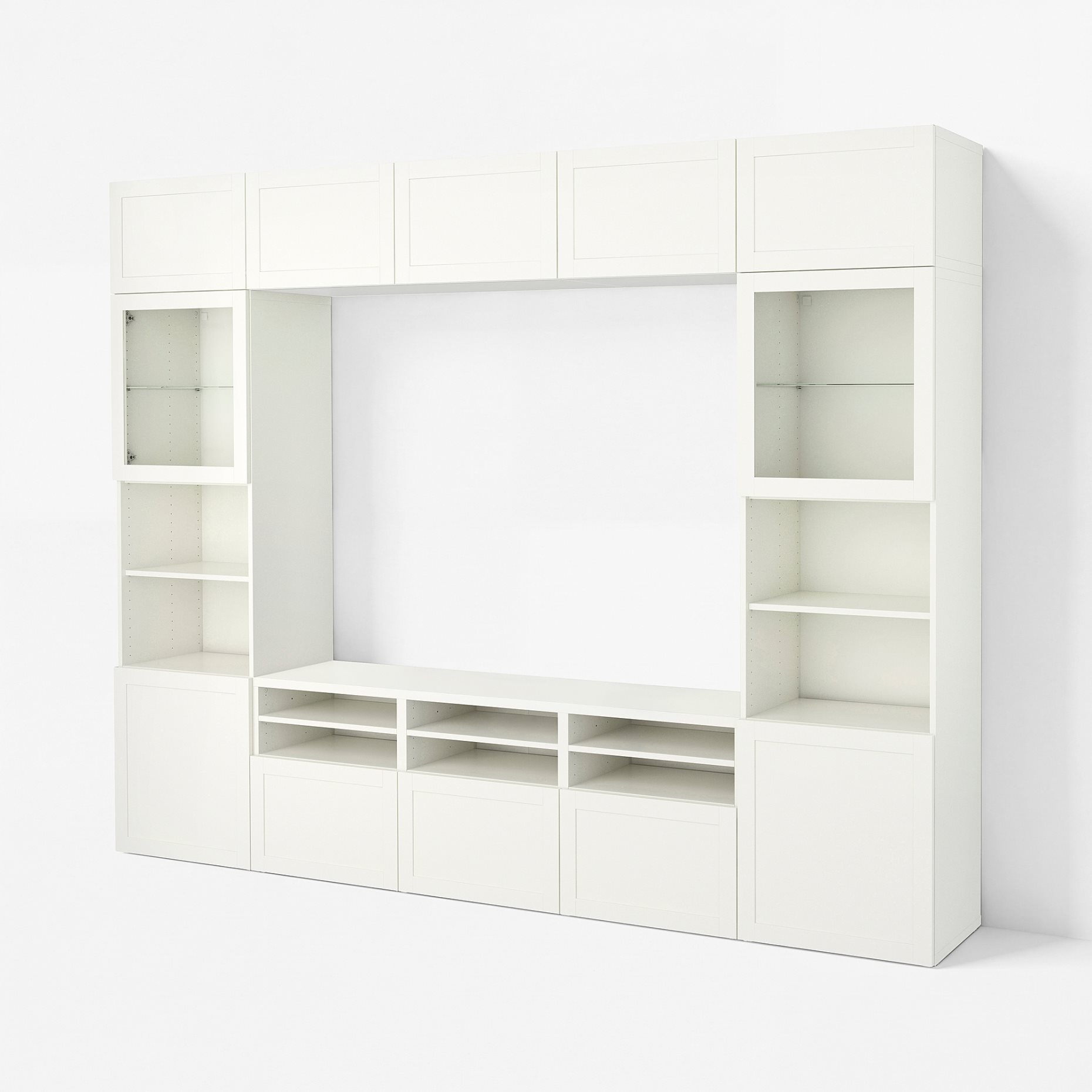 BESTÅ, TV storage combination/glass doors/drawers soft closing, 300x42x231 cm, 494.112.41