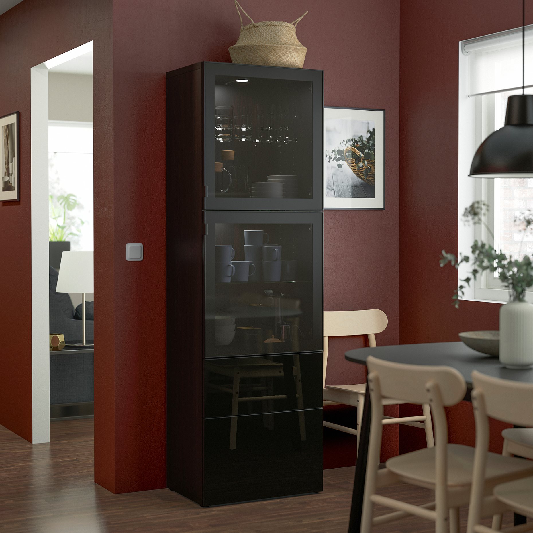 BESTÅ, storage combination with glass doors/drawers soft closing, 60x42x193 cm, 693.011.14