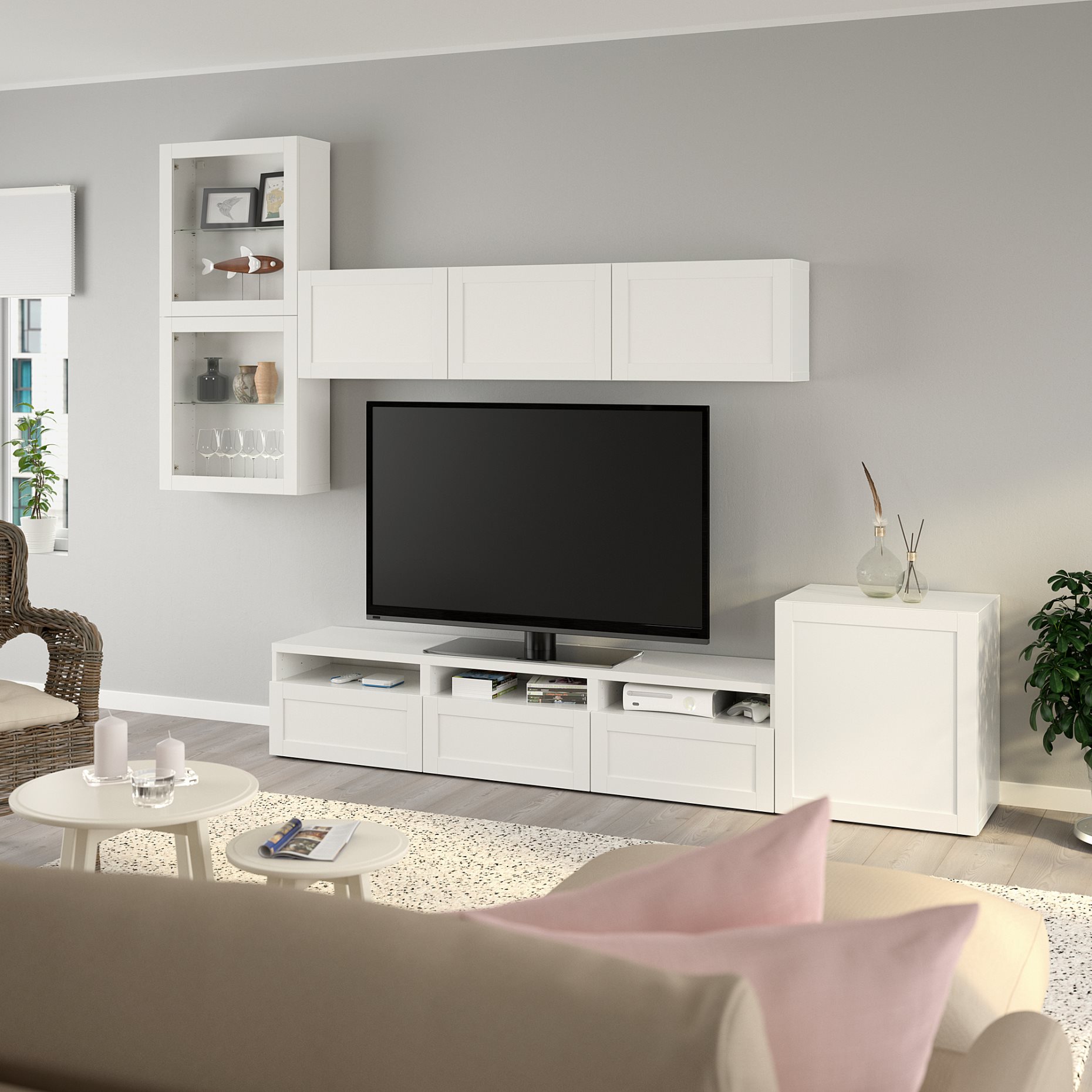 BESTÅ, TV storage combination/glass doors/drawers push open, 300x42x211 cm, 394.067.25