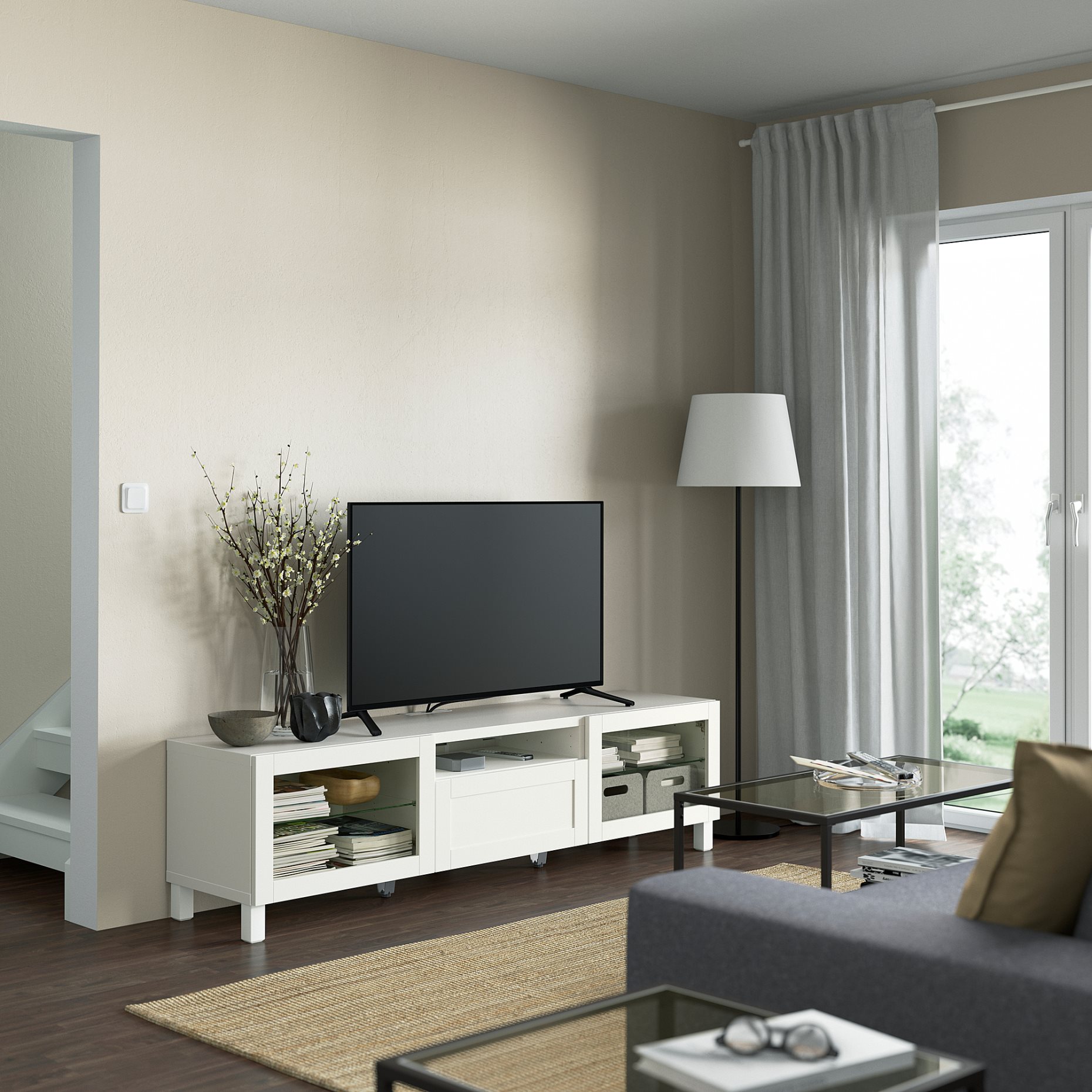 BESTÅ, TV bench with doors/drawer soft closing, 180x42x48 cm, 093.291.92
