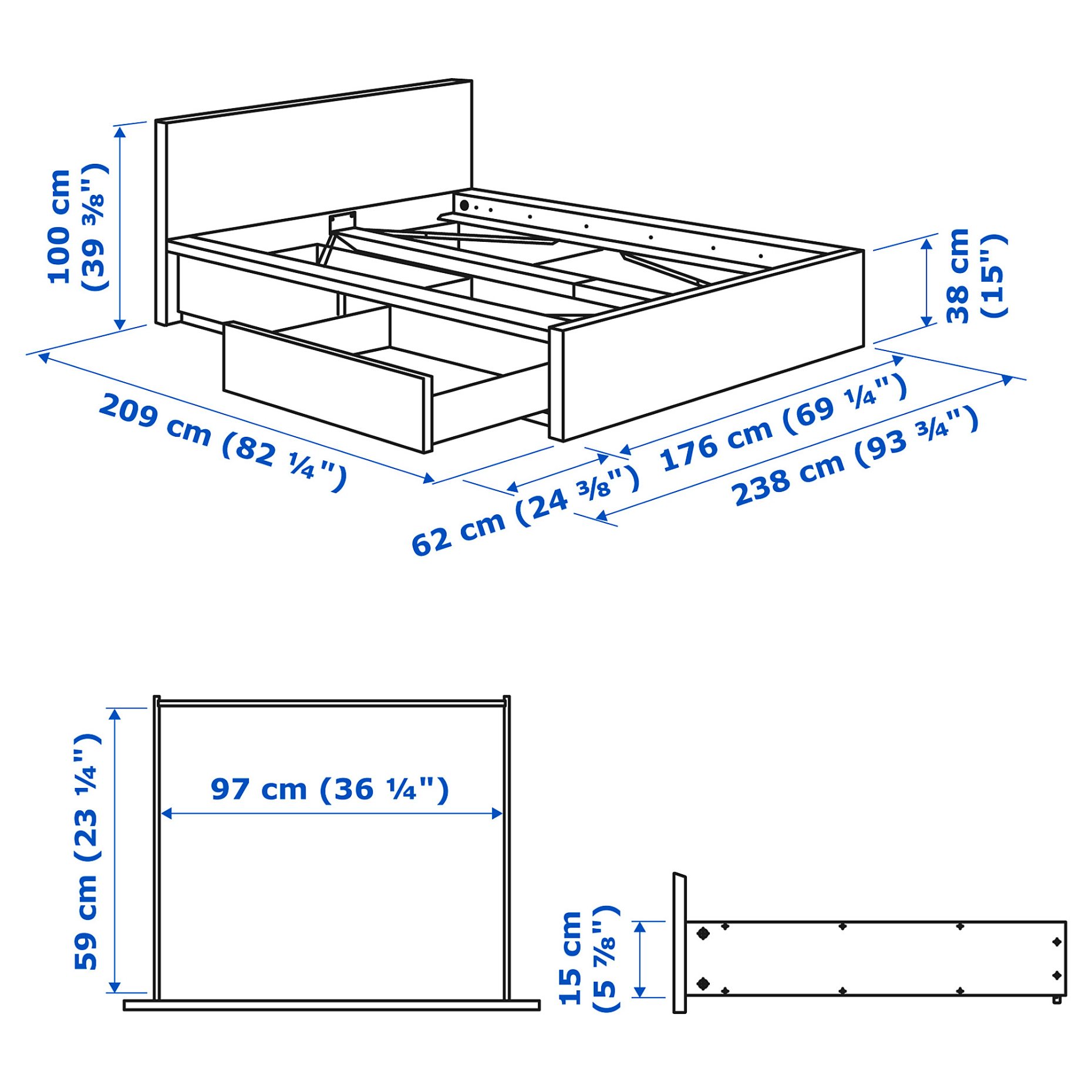MALM, bed frame/high with 2 storage boxes, 160X200 cm, 091.304.79