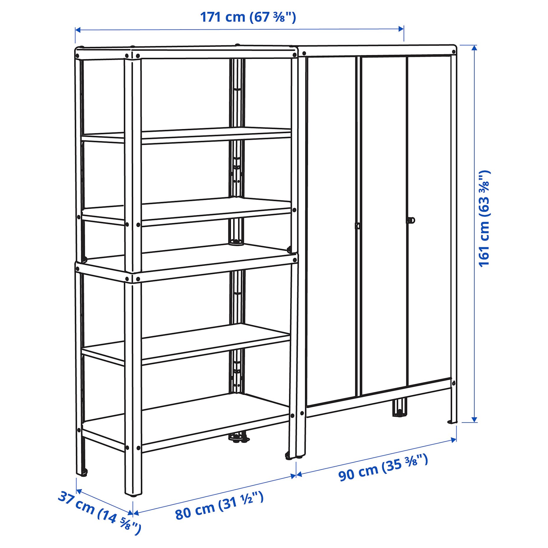 KOLBJÖRN, shelving unit with cabinet, 171x37x161 cm, 092.916.22