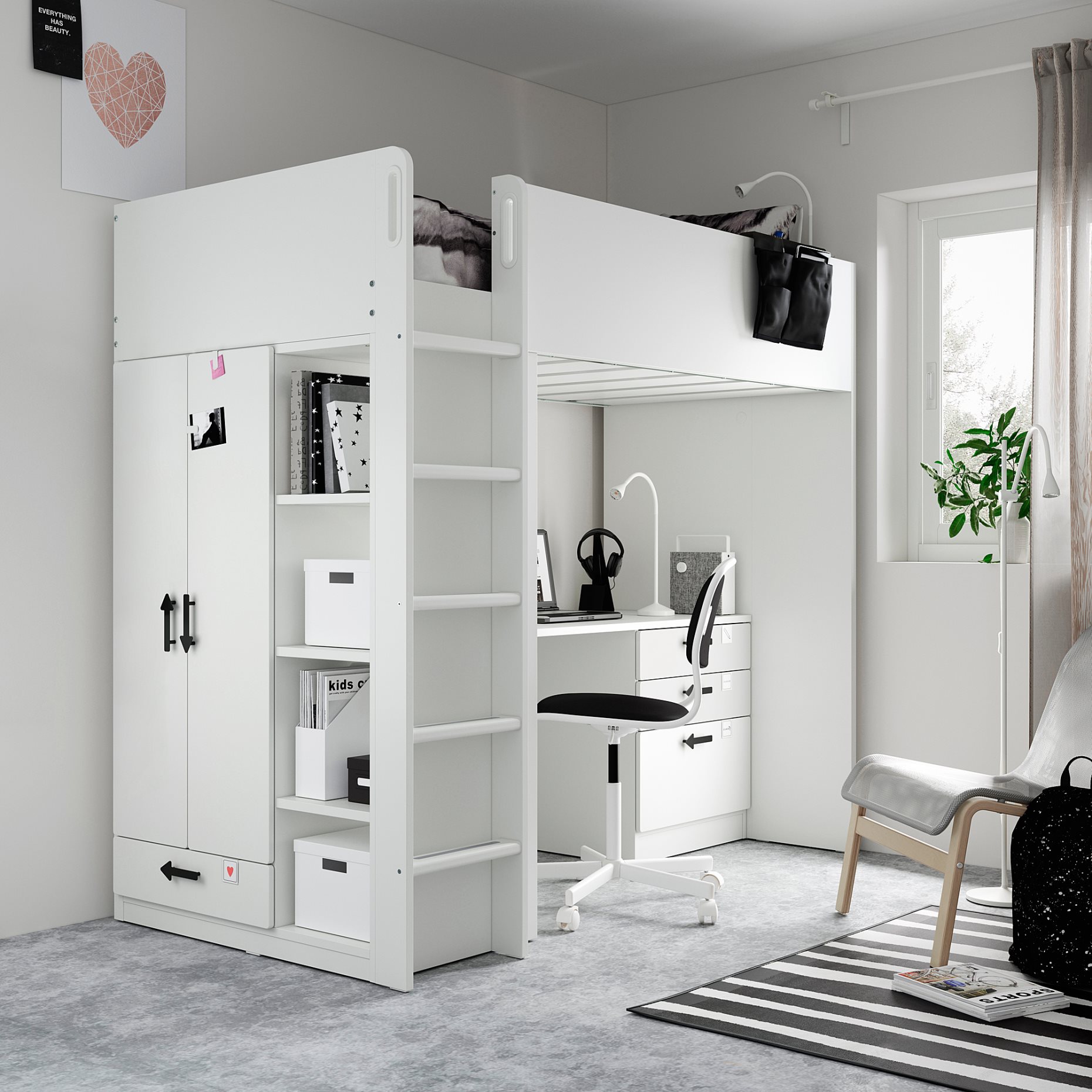 SMÅSTAD, loft bed with desk with 2 shelves, 90x200 cm, 095.203.36
