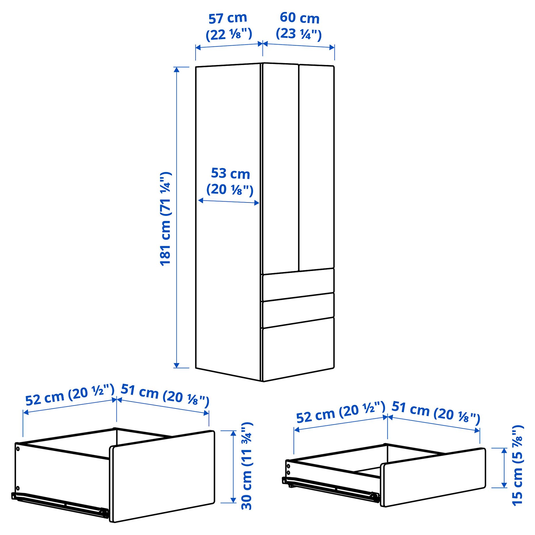 SMASTAD/PLATSA, wardrobe with 3 drawers, 60x57x181 cm, 095.440.97