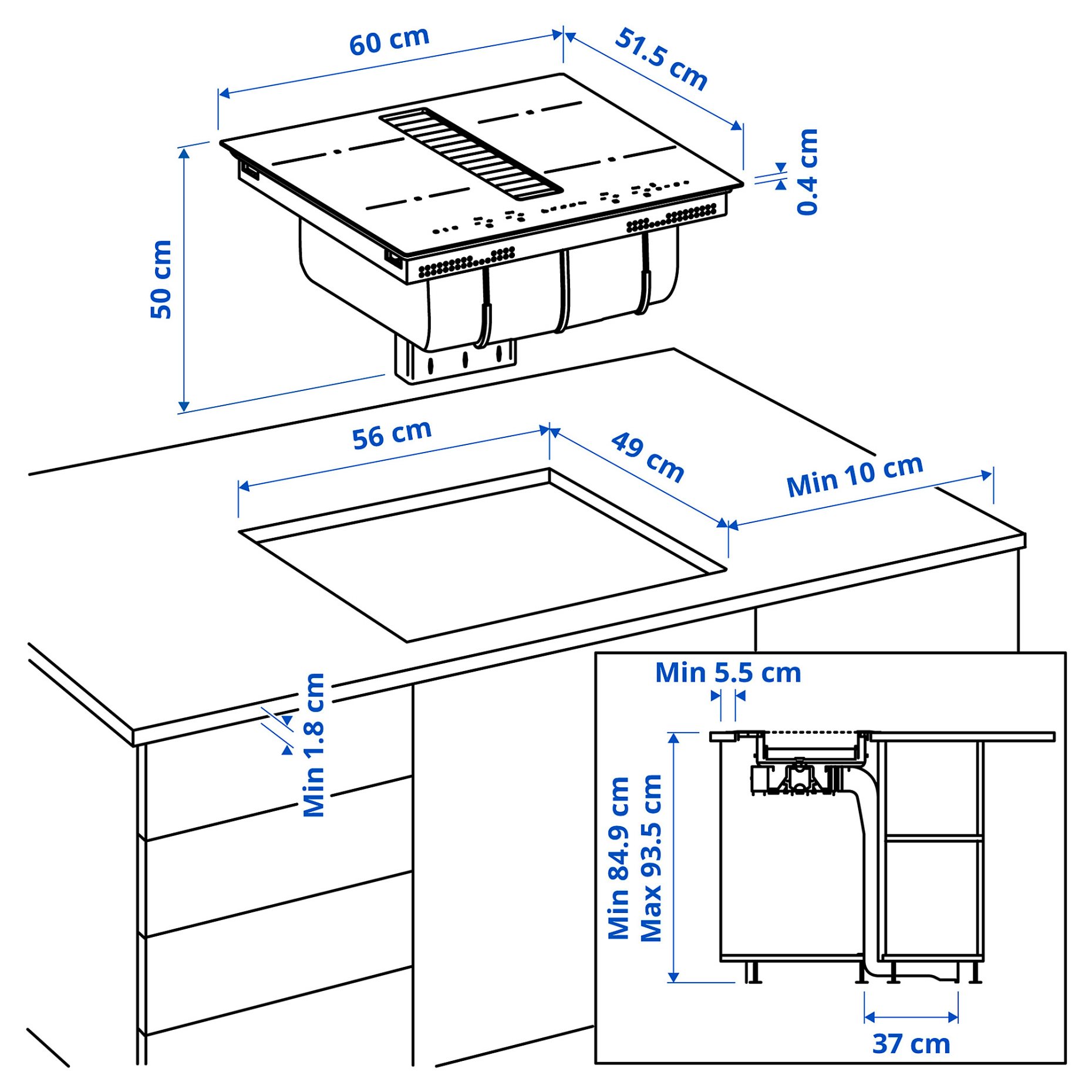 TÄCKNAN, επαγωγική εστία με ενσωματωμένο απορροφητήρα και κιτ ανακύκλωσης αέρα/IKEA 300, 60 cm, 096.124.68