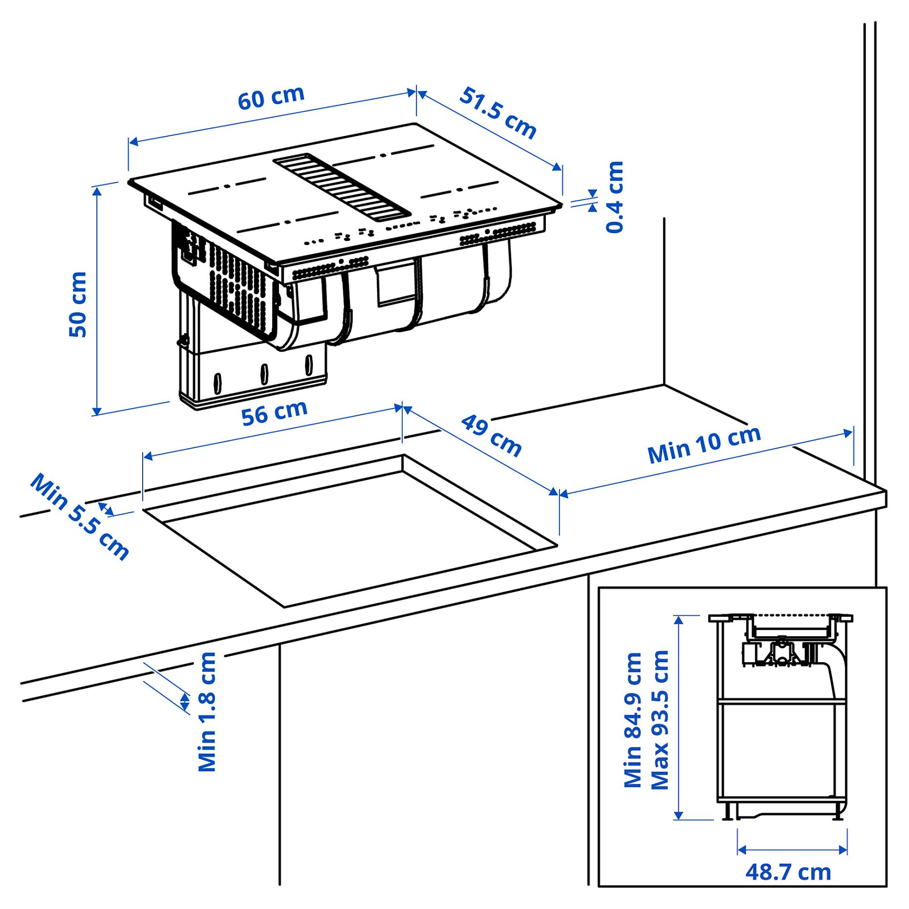 TÄCKNAN, επαγωγική εστία με ενσωματωμένο απορροφητήρα και κιτ ανακύκλωσης αέρα/IKEA 300, 60 cm, 096.124.68