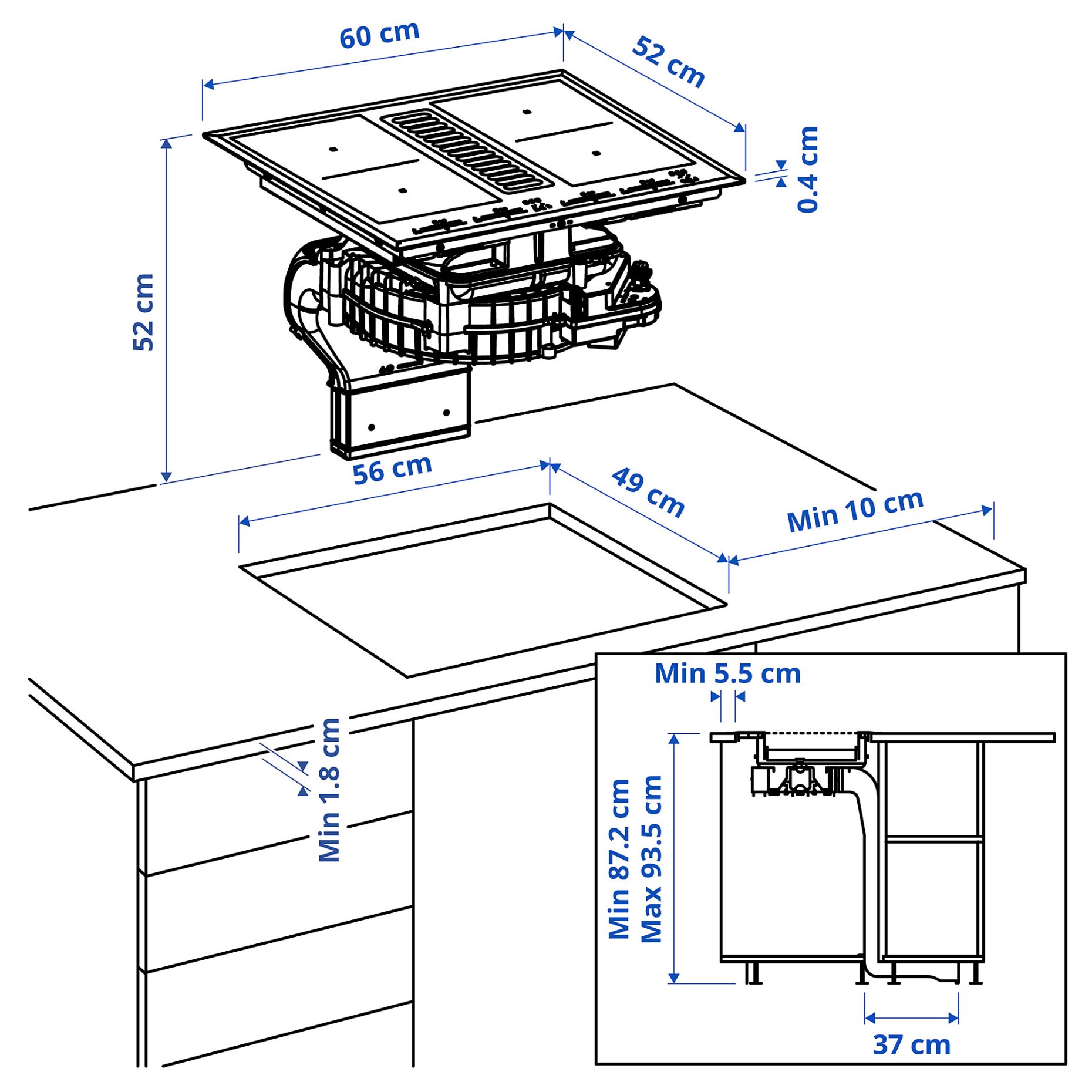 TÄCKNAN, induction hob/interior extractor with recirculation kit/IKEA 500, 60 cm, 096.125.00