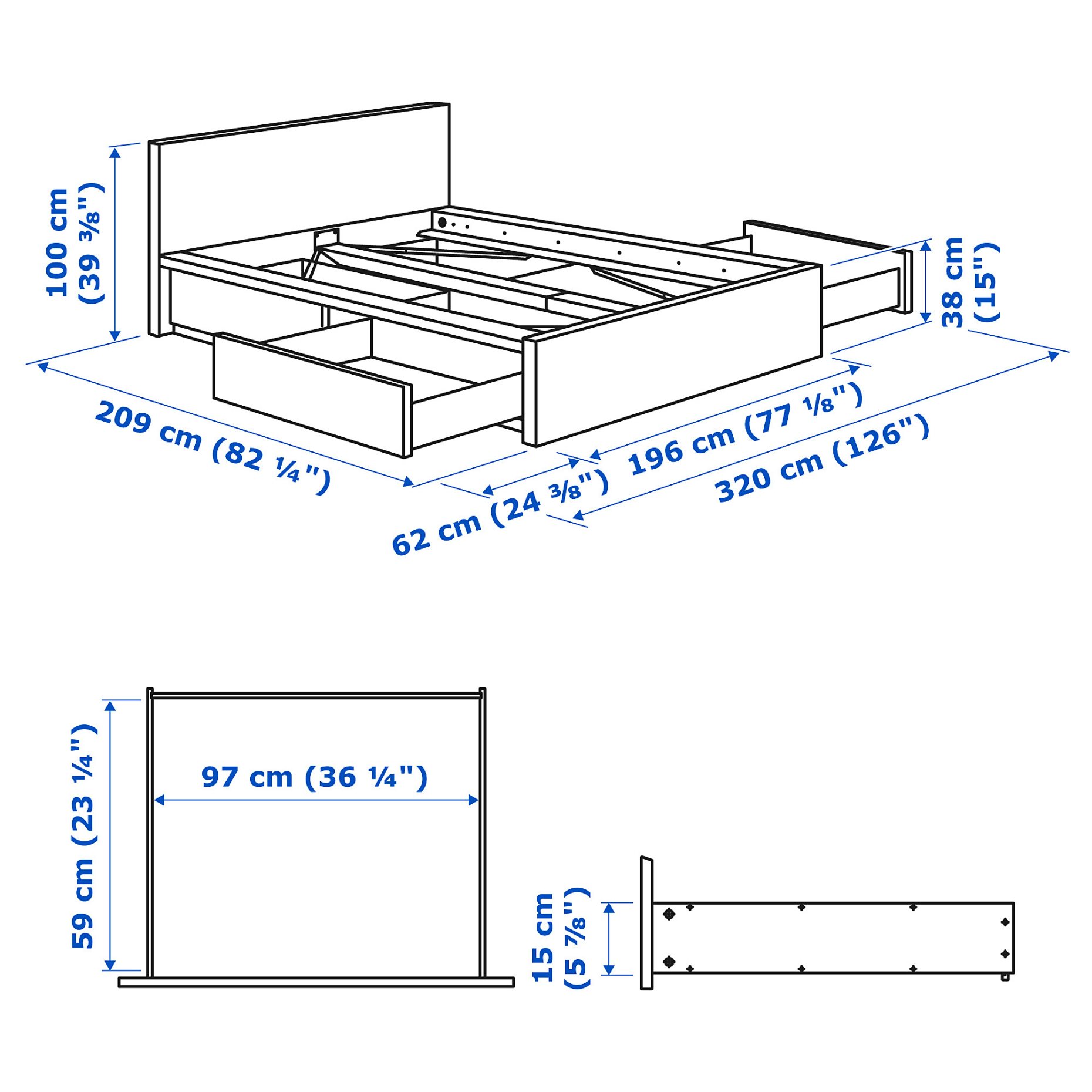 MALM, bed frame/high with 4 storage boxes, 180X200 cm, 191.754.29