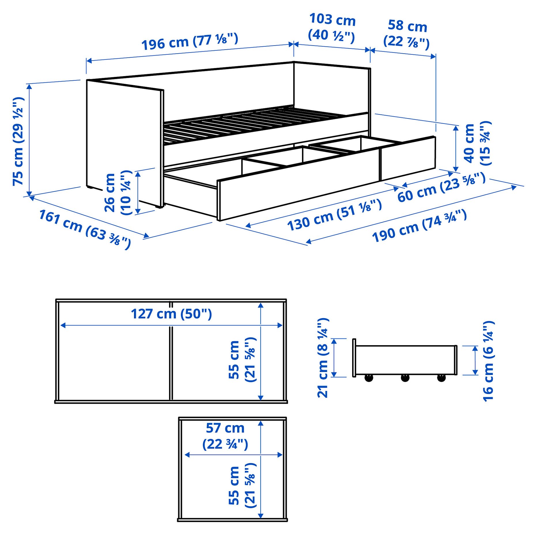VIHALS, κρεβάτι επισκέπτη day bed με αποθήκευση και 1 στρώμα, 80x200 cm, 195.805.94