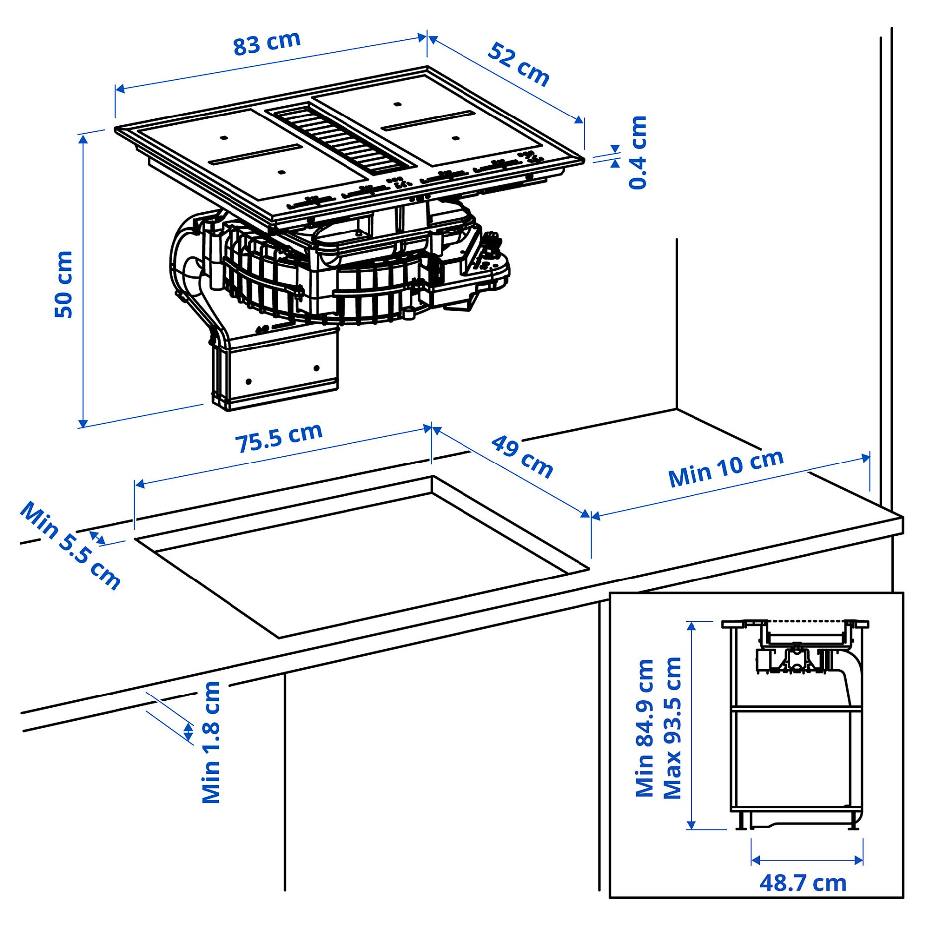 TÄCKNAN, induction hob/interior extractor with recirculation kit/IKEA 500, 83 cm, 196.125.14