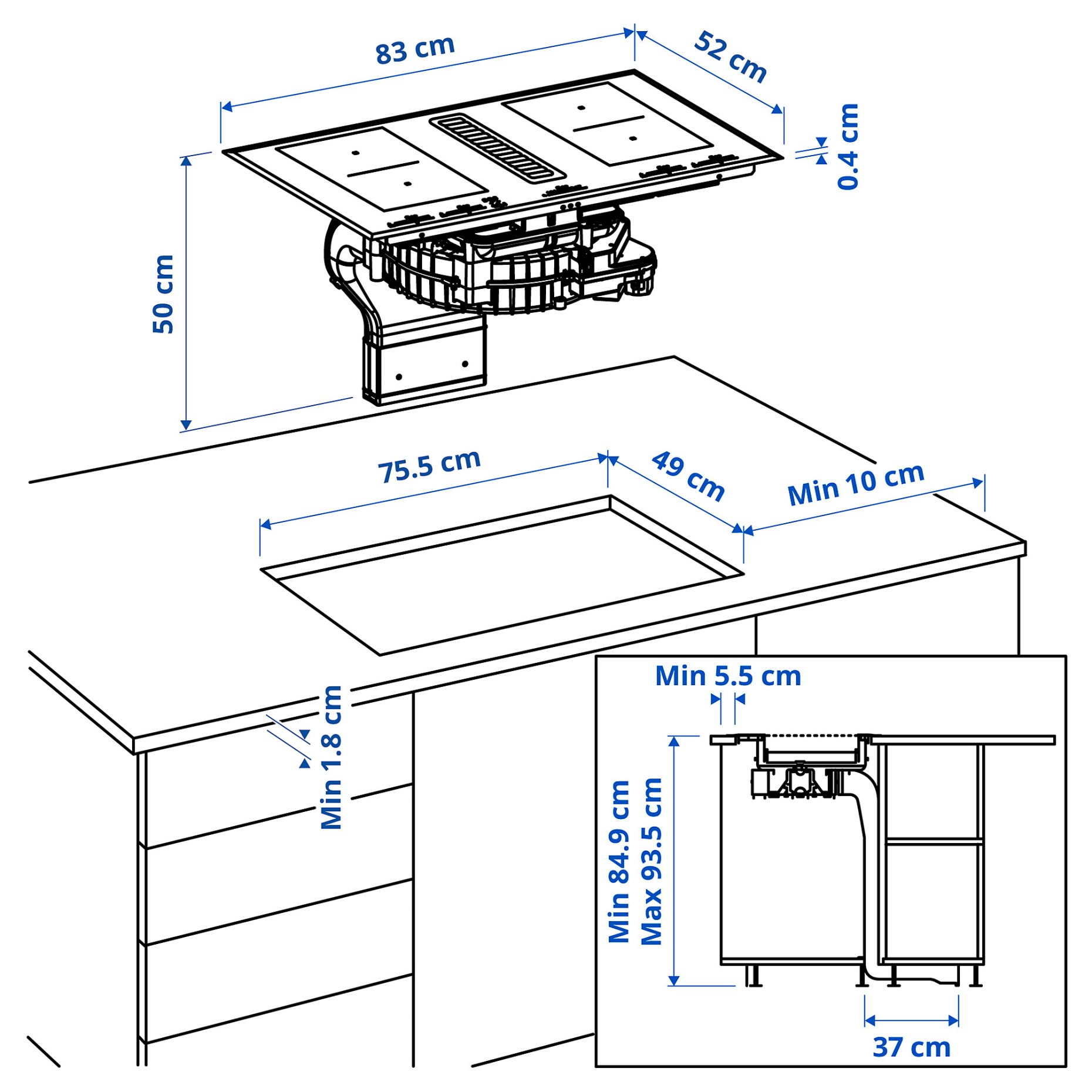 TÄCKNAN, induction hob/interior extractor with recirculation kit/IKEA 500, 83 cm, 196.125.14