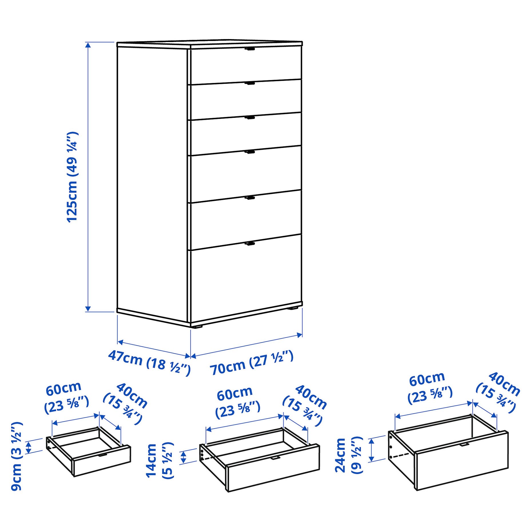 VIHALS, συρταριέρα με 6 συρτάρια, 70x47x125 cm, 304.832.47