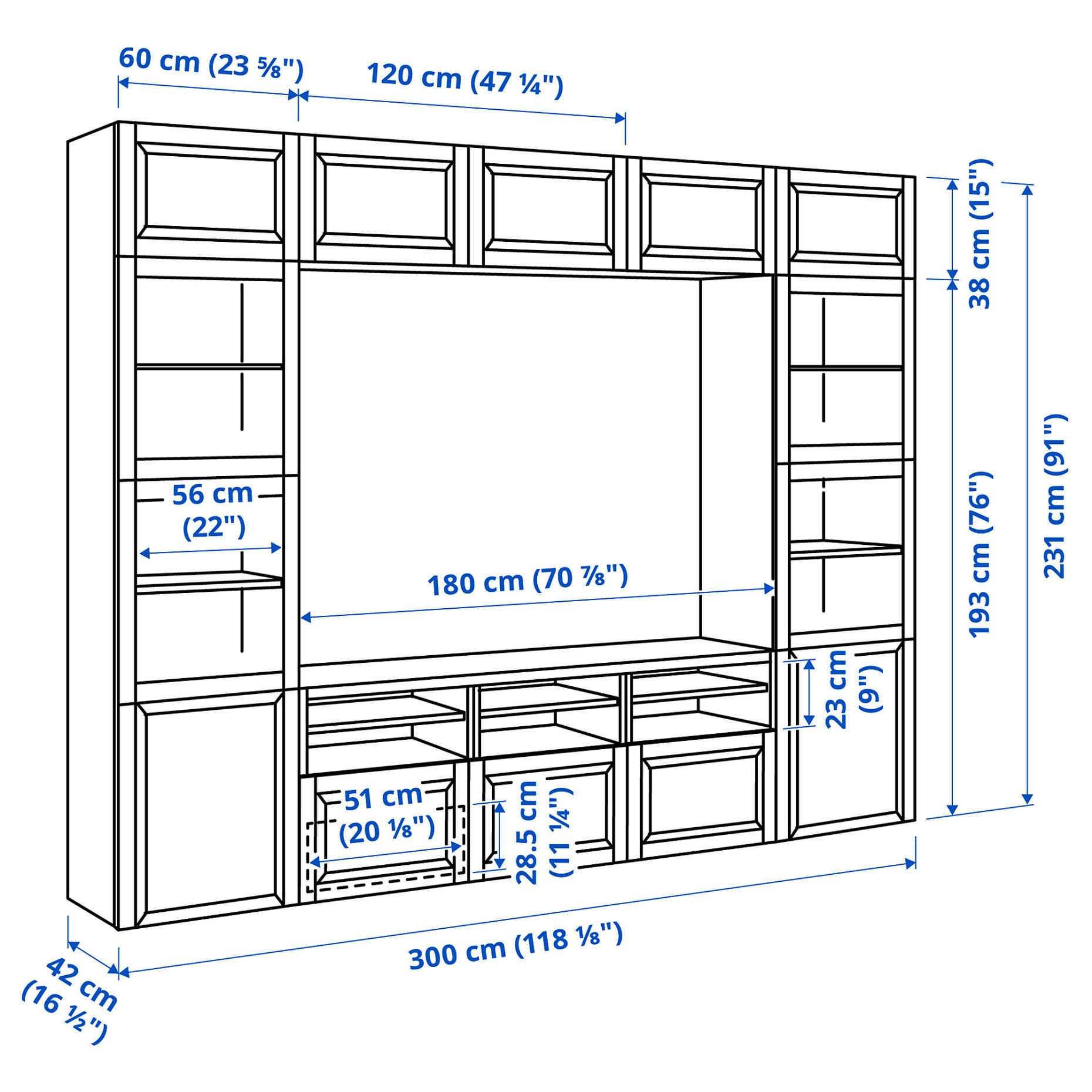 BESTÅ, TV storage combination/glass doors/drawers soft closing, 300x42x231 cm, 394.112.51