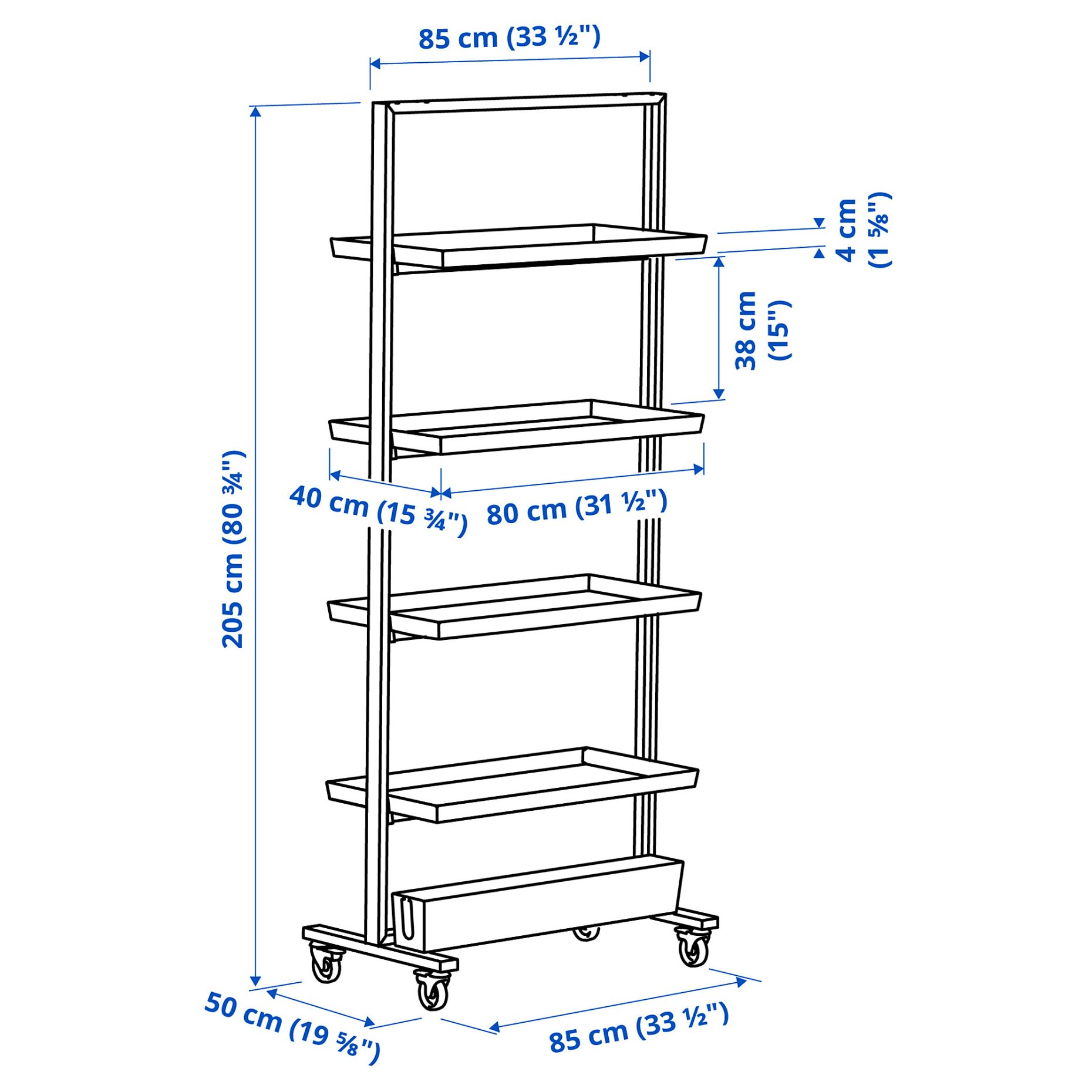 MITTZON, σκελετός με ροδάκια/ράφι/κουτί για καλώδια, 85x205 cm, 395.623.63