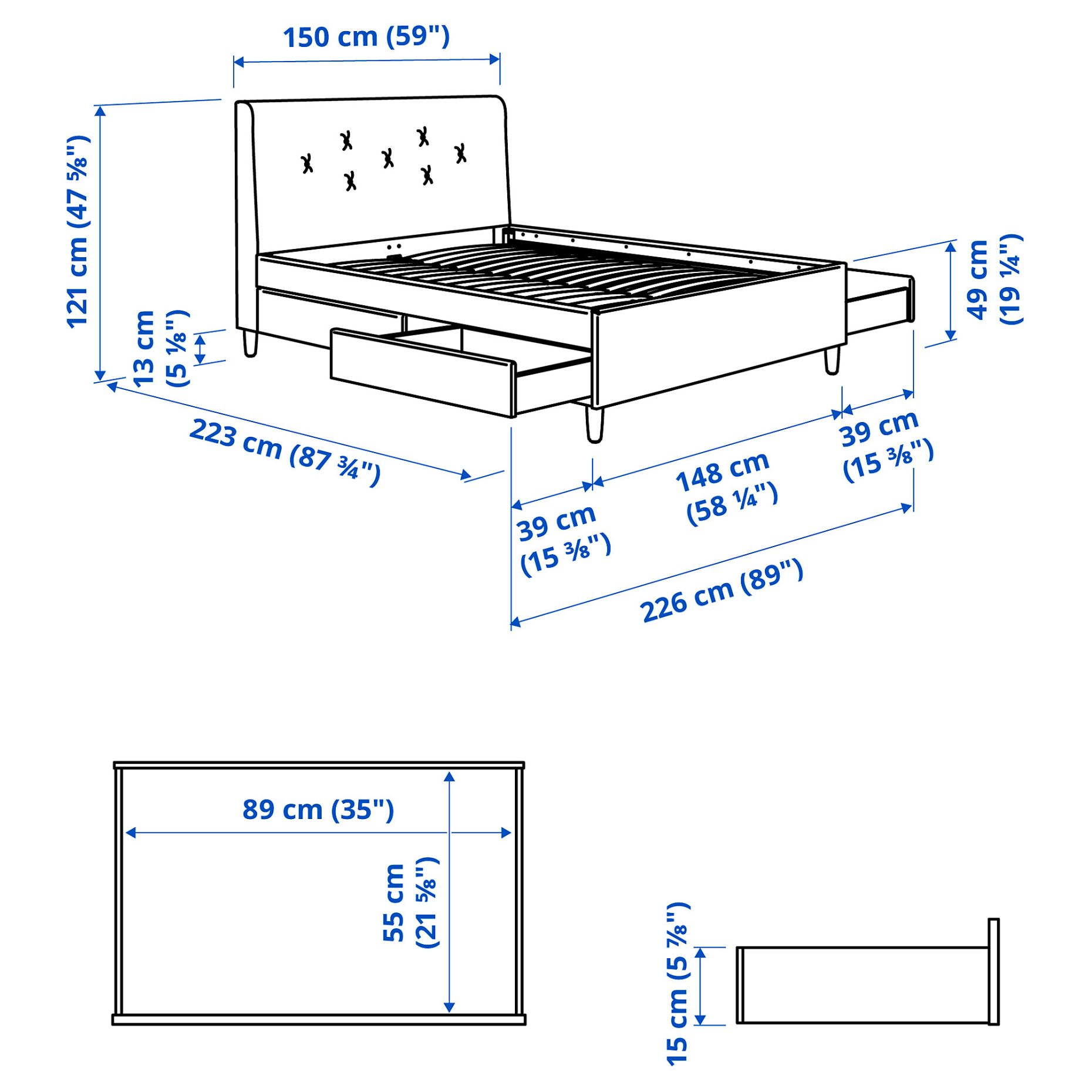IDANÄS, κρεβάτι με επένδυση και αποθηκευτικό χώρο, 140x200 cm, 404.471.69