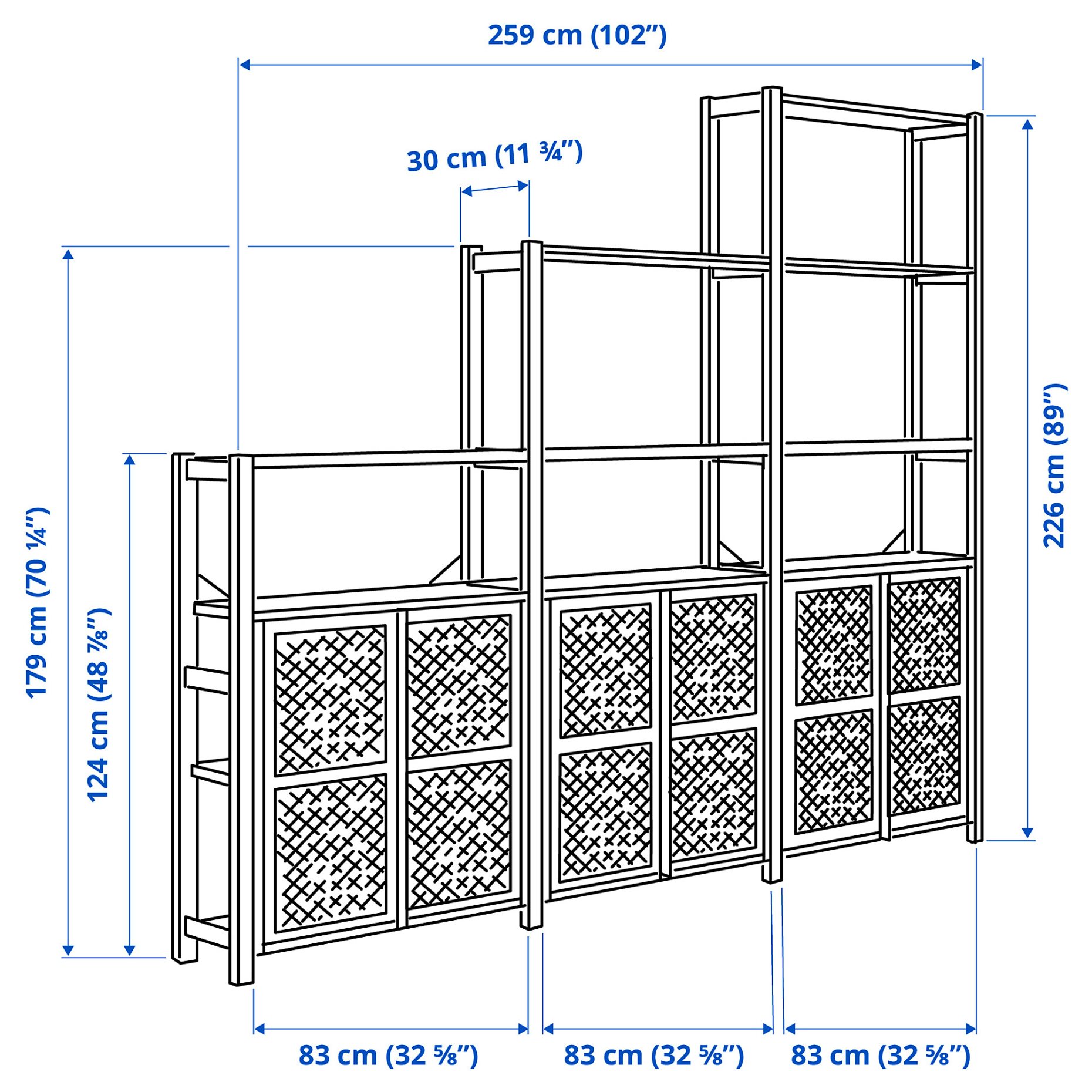 IVAR, shelving unit with doors, 259x30x226 cm, 493.957.88