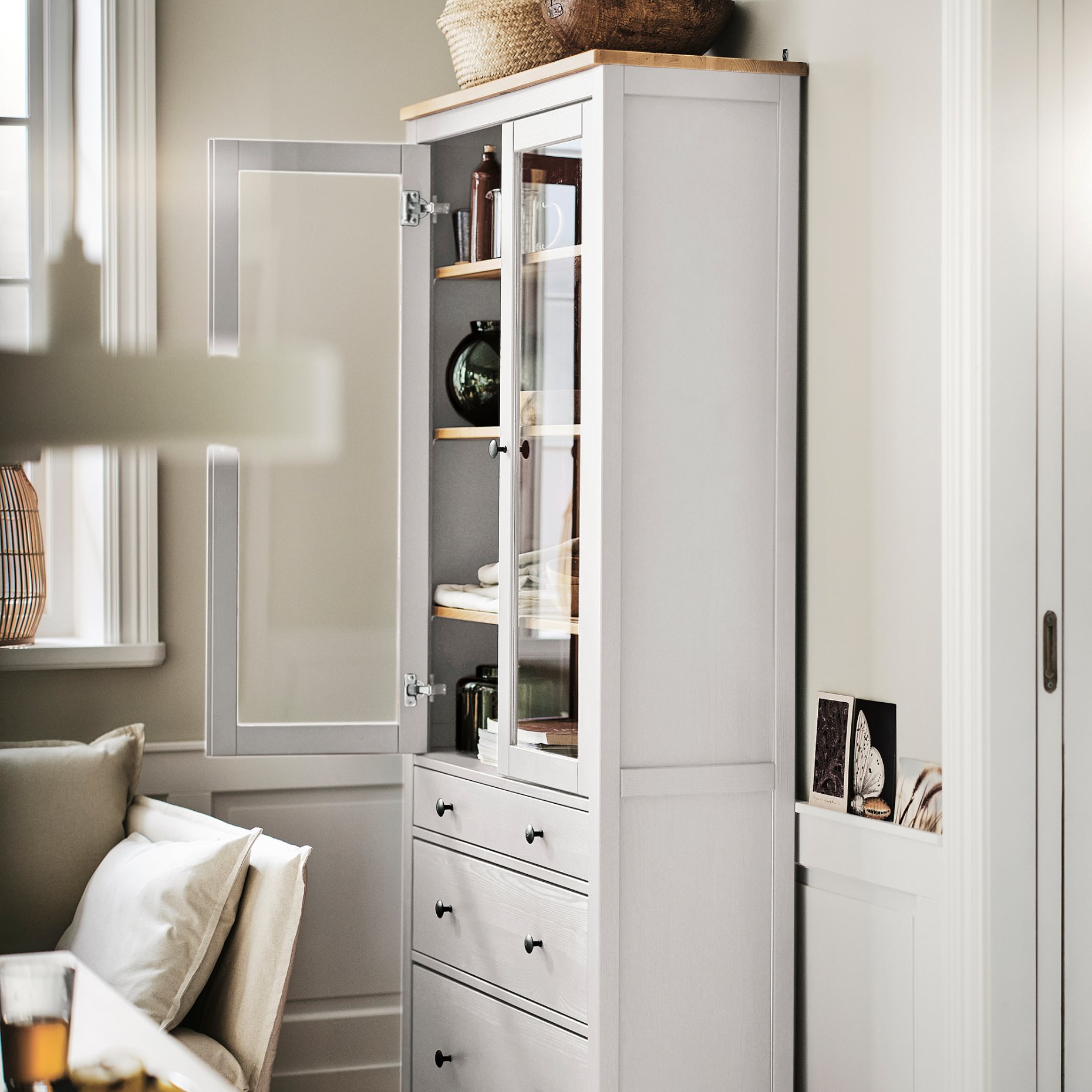 HEMNES, glass-door cabinet with 3 drawers, 504.135.07