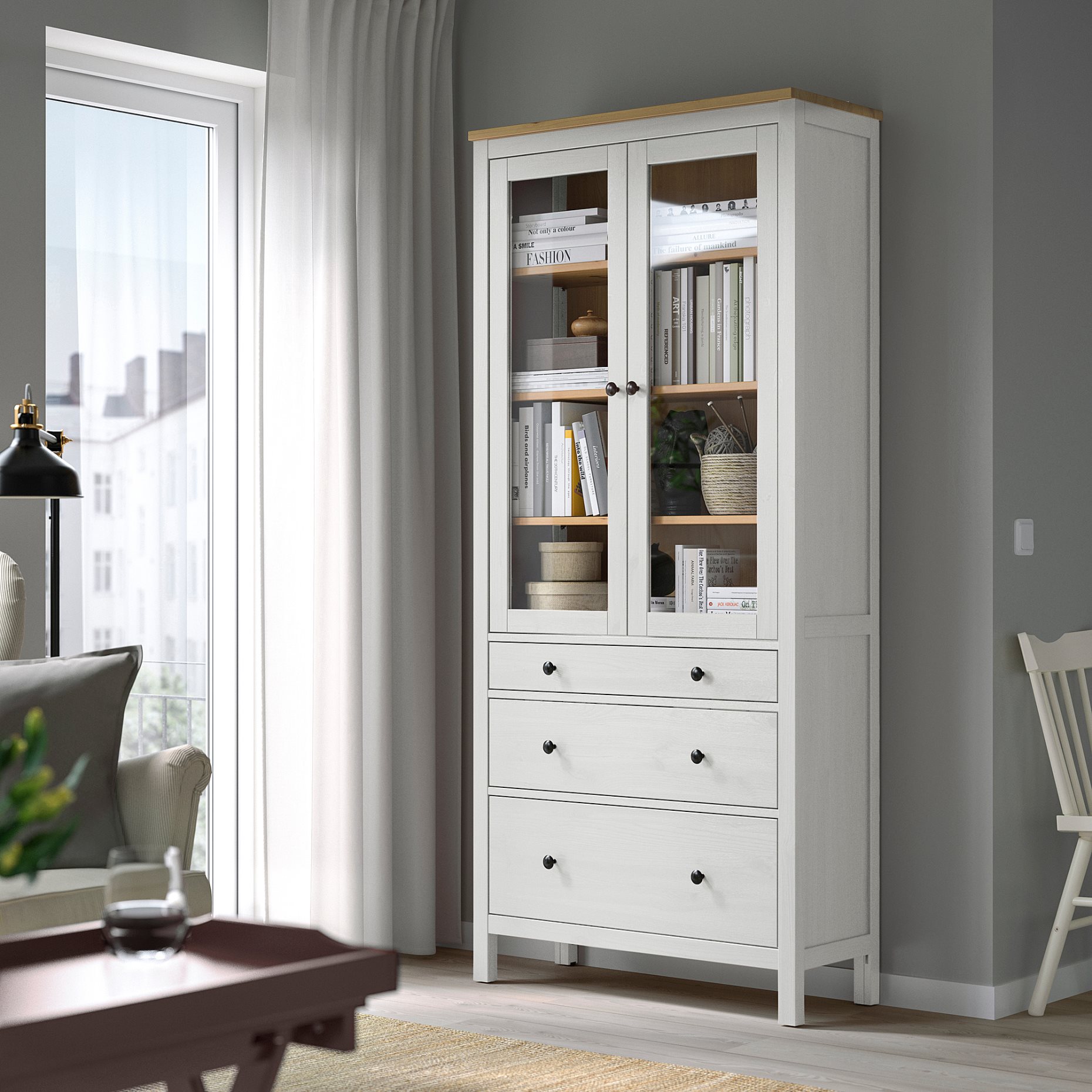 HEMNES, glass-door cabinet with 3 drawers, 504.135.07