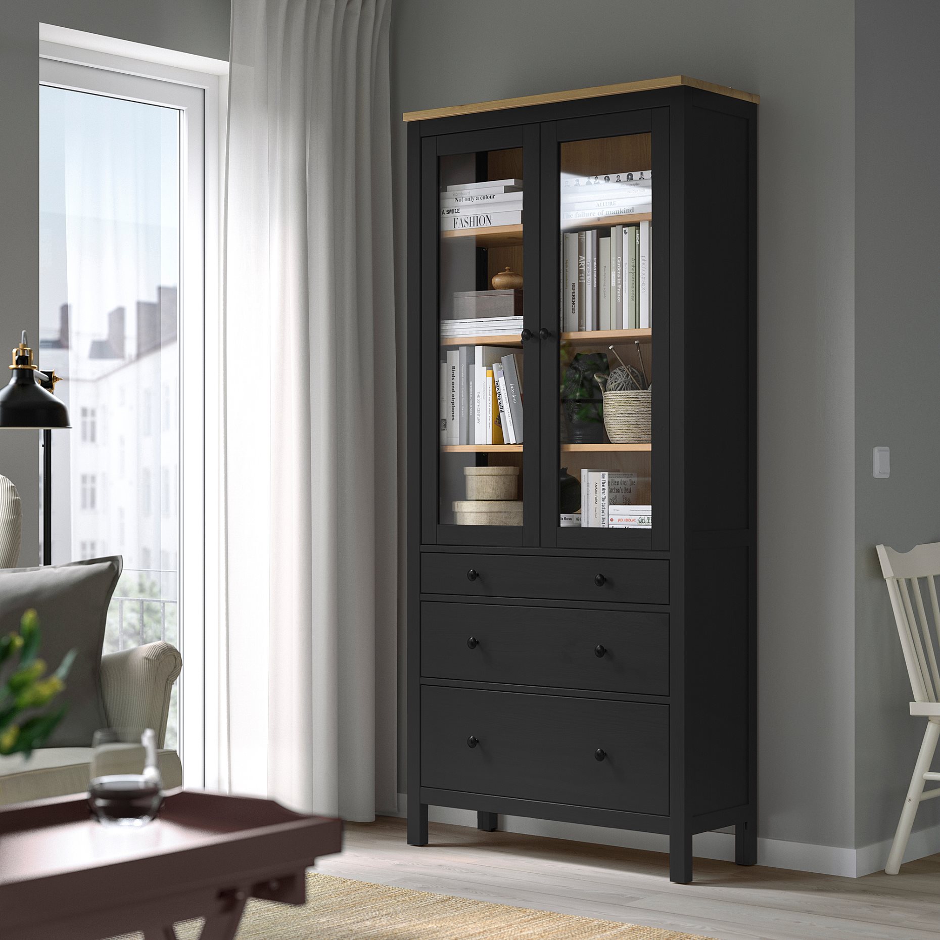 HEMNES, glass-door cabinet with 3 drawers, 504.522.97