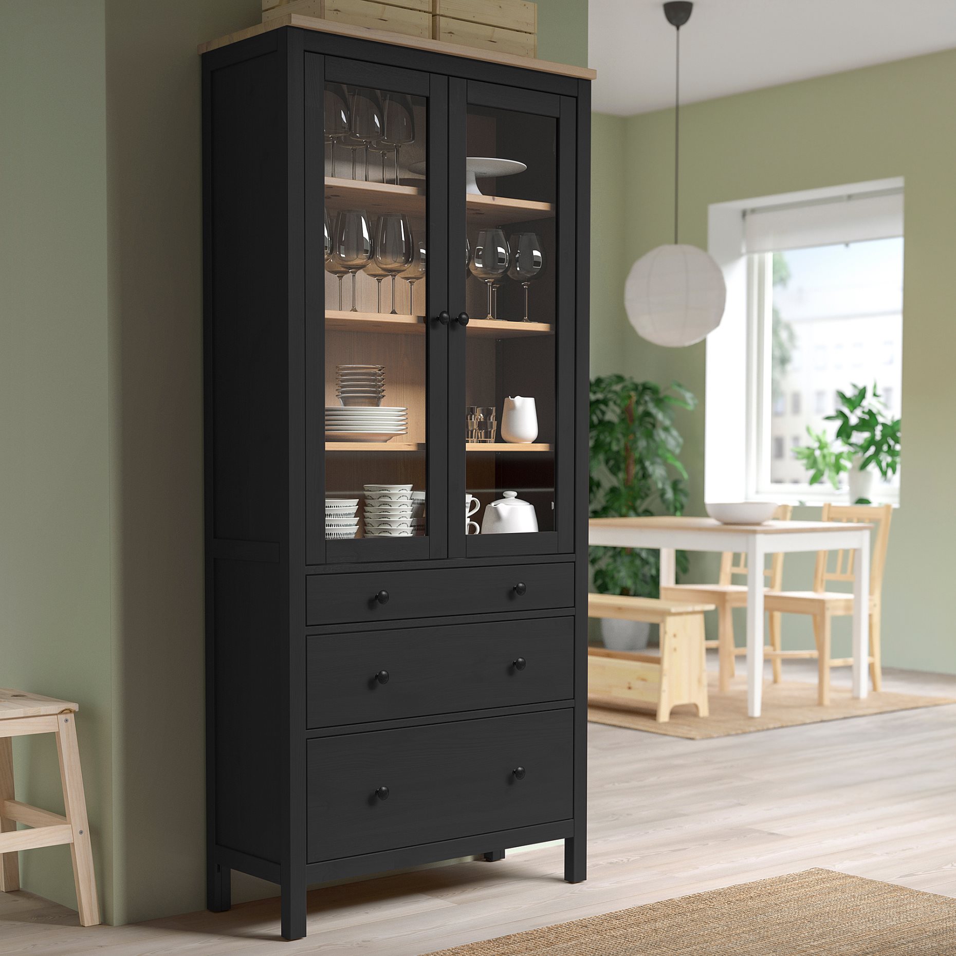HEMNES, glass-door cabinet with 3 drawers, 504.522.97