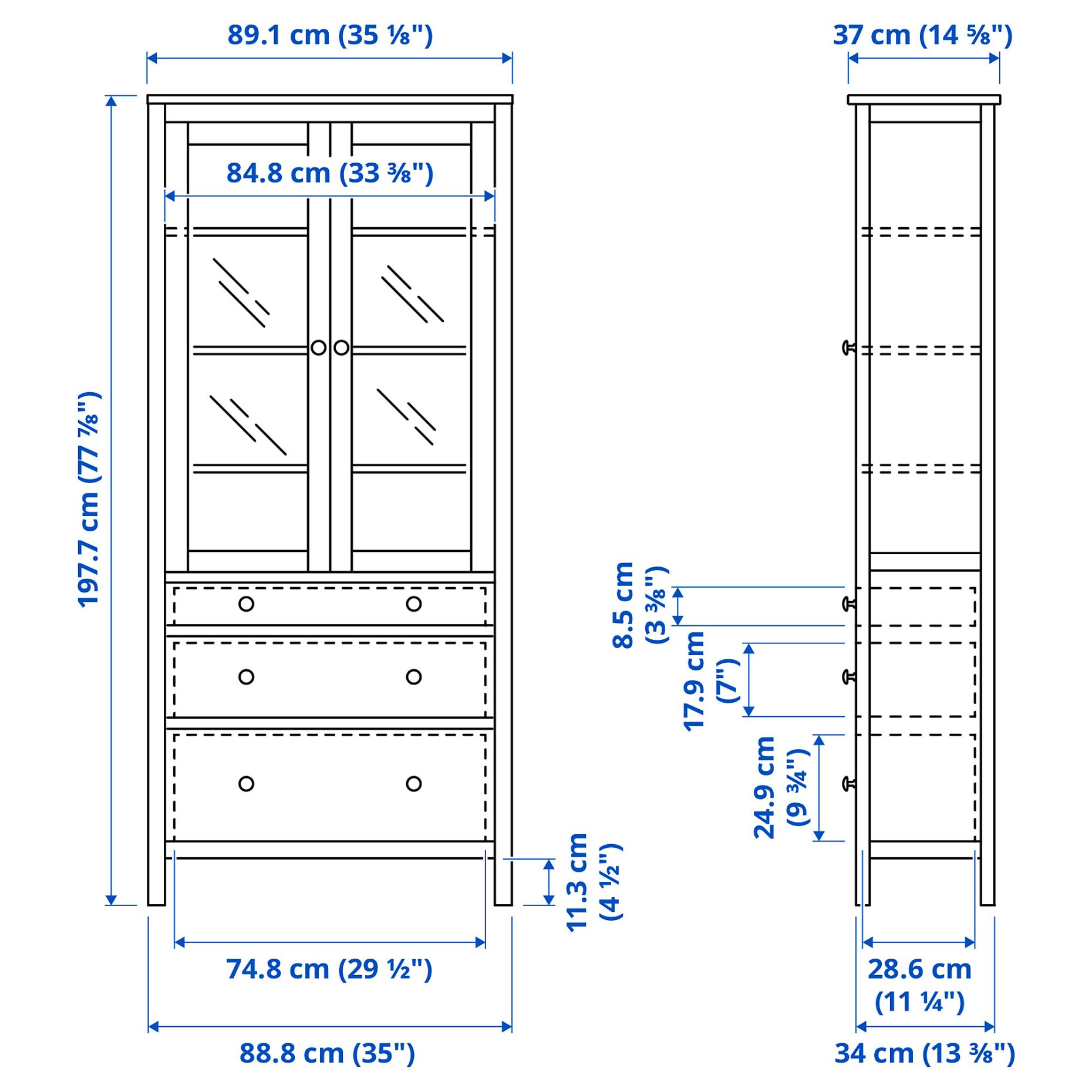 HEMNES, ντουλάπι 3 συρτάρια/γυάλινη πόρτα, 90x197 cm, 505.306.34
