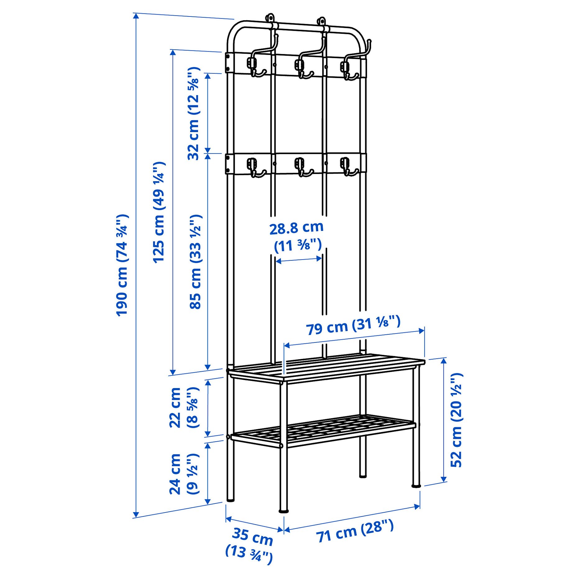 NIPÅSEN, κρεμάστρα ρούχων με πάγκο και παπουτσοθήκη, 190x35x79 cm, 505.861.45