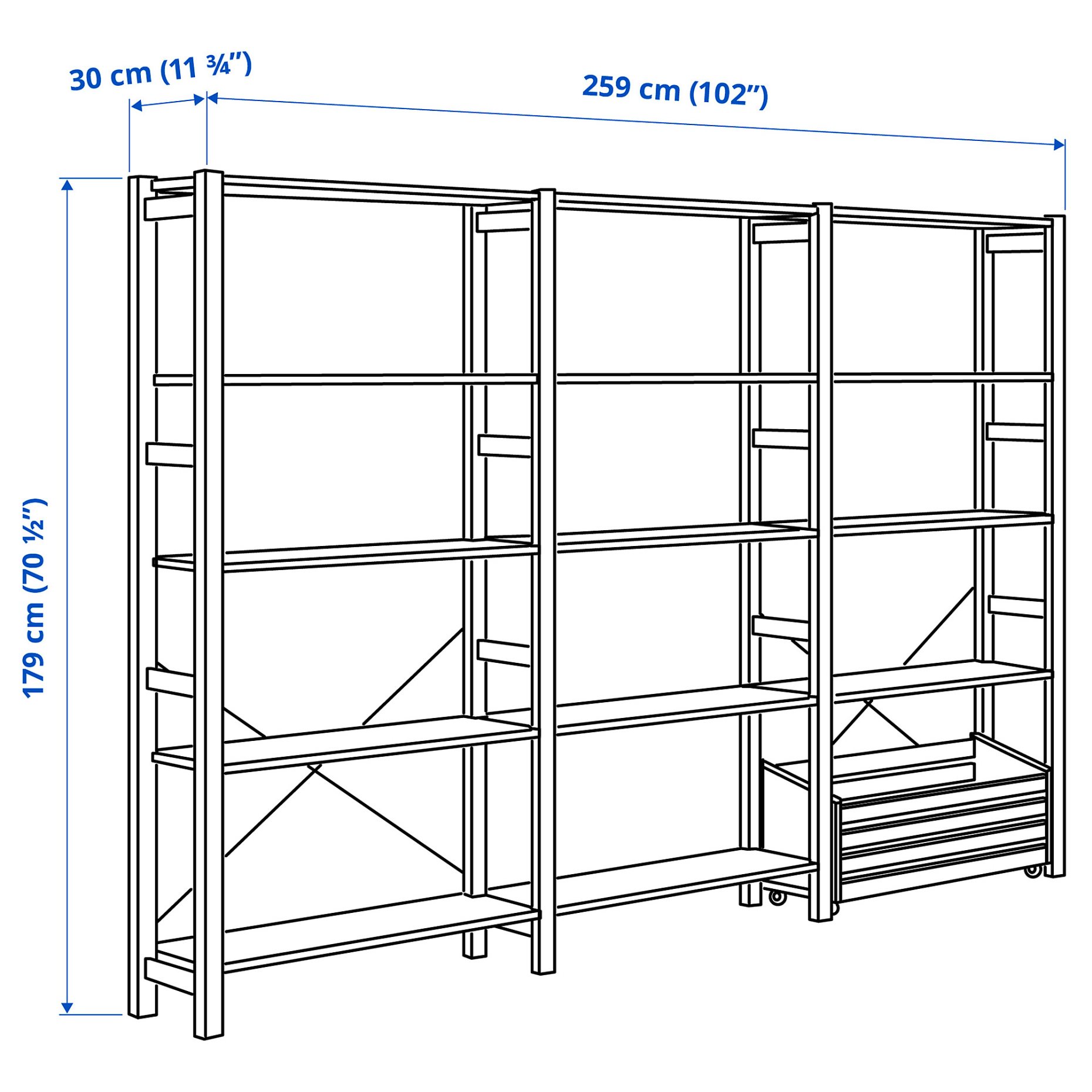 IVAR, shelving unit with storage box, 259x30x179 cm, 594.174.12