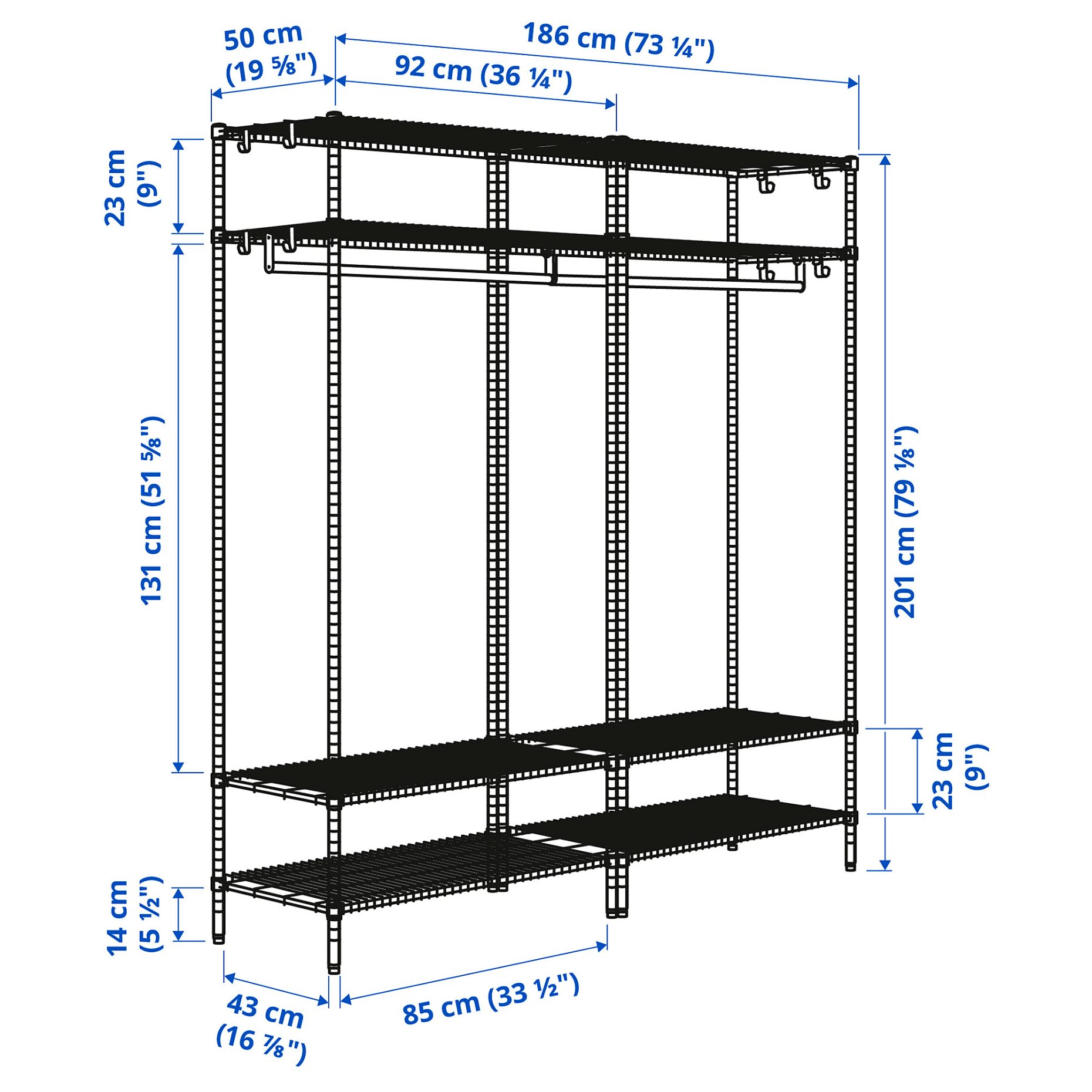 OMAR, shelving unit with clothes rail, 186x50x201 cm, 594.876.88