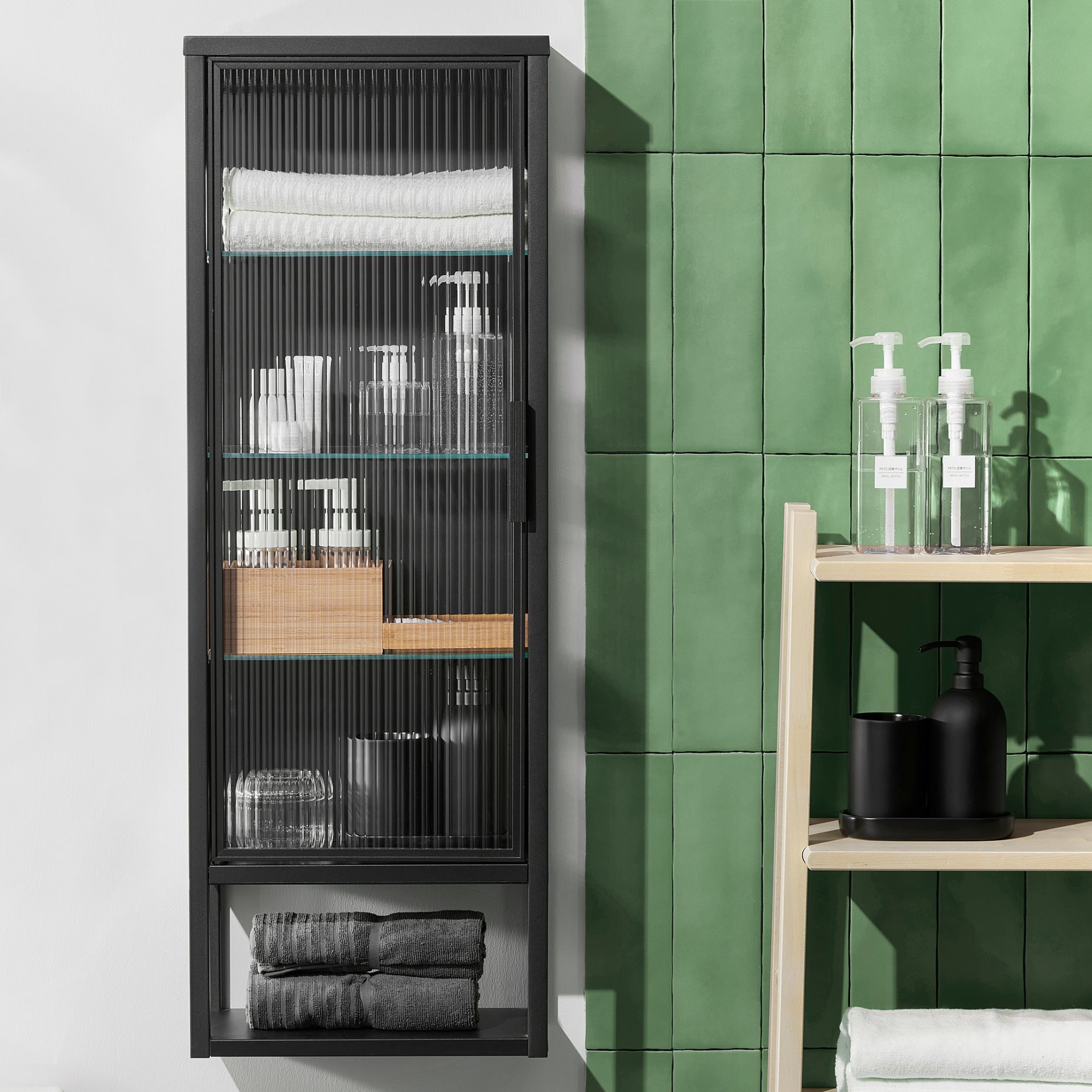 MOSSJÖN, wall cabinet with shelves/glass door, 36x18x102 cm, 605.677.78