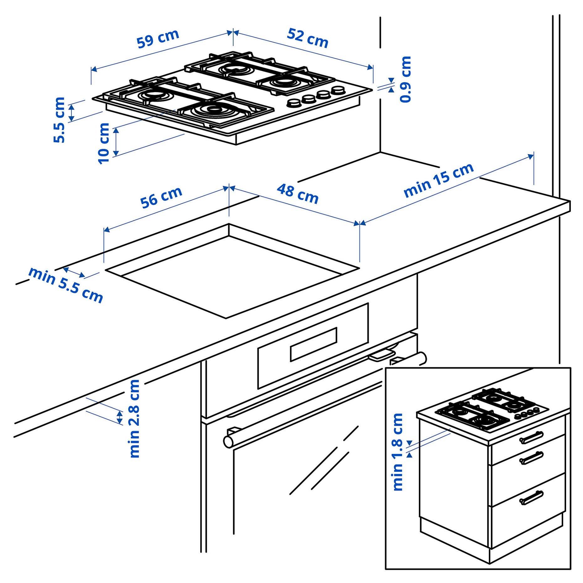 VASASTAN, εστία υγραερίου/IKEA 500, 59 cm, 705.234.49
