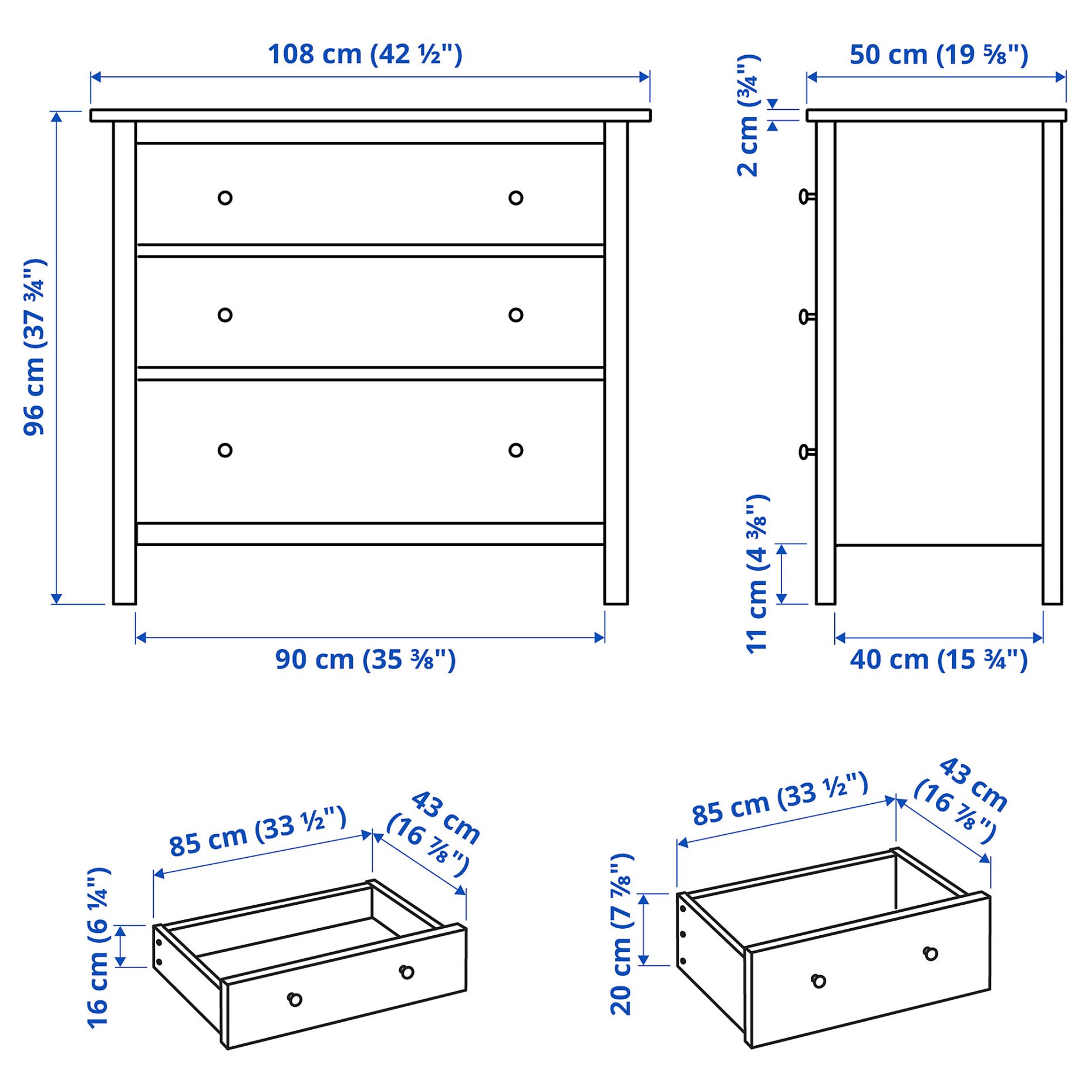 HEMNES, συρταριέρα με 3 συρτάρια, 108x96 cm, 706.107.38