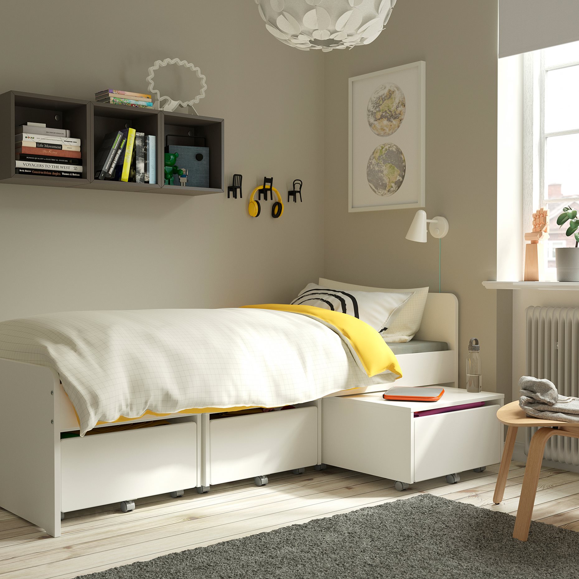 SLÄKT, bed frame with 3 storage boxes, 90x200 cm, 893.860.70