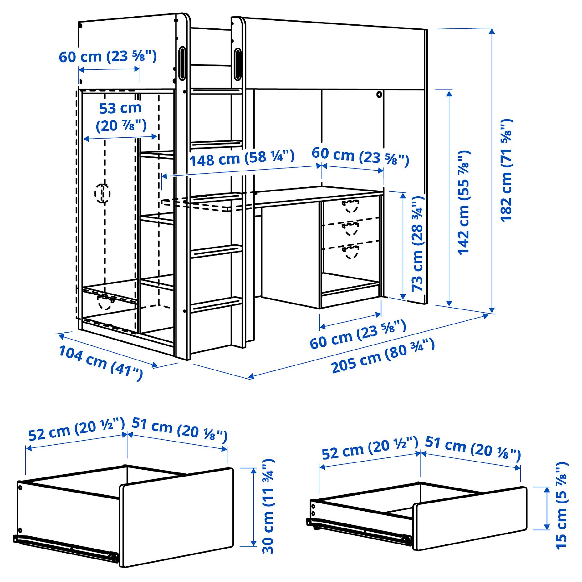 SMÅSTAD, loft bed with desk with 2 shelves, 90x200 cm, 895.201.58