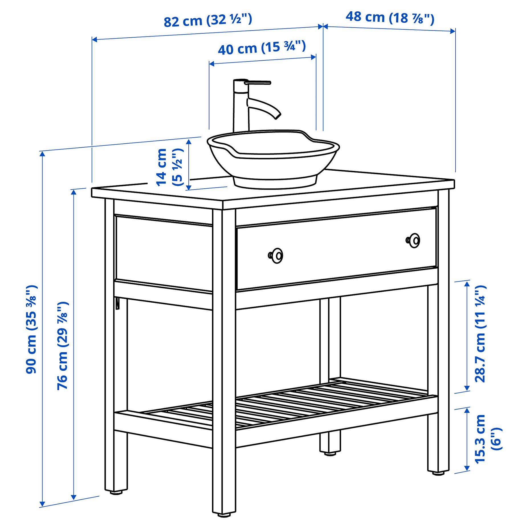 HEMNES/VÄSTER, open wash-stand with drawer/wash-basin/tap, 82x48x90 cm, 895.684.71