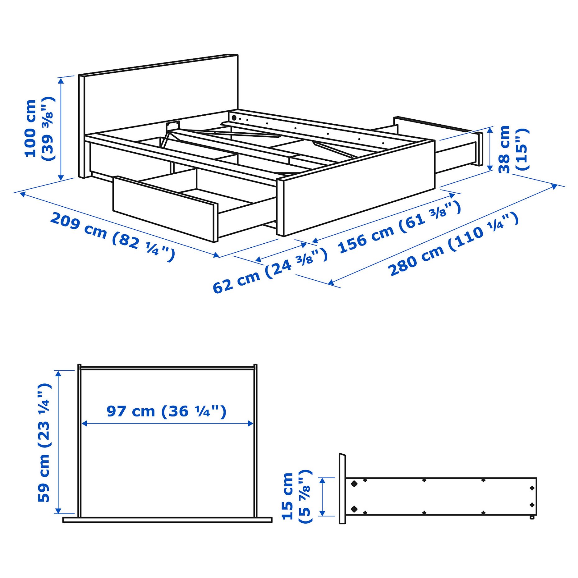 MALM, bed frame/high with 4 storage boxes, 140X200 cm, 990.199.15