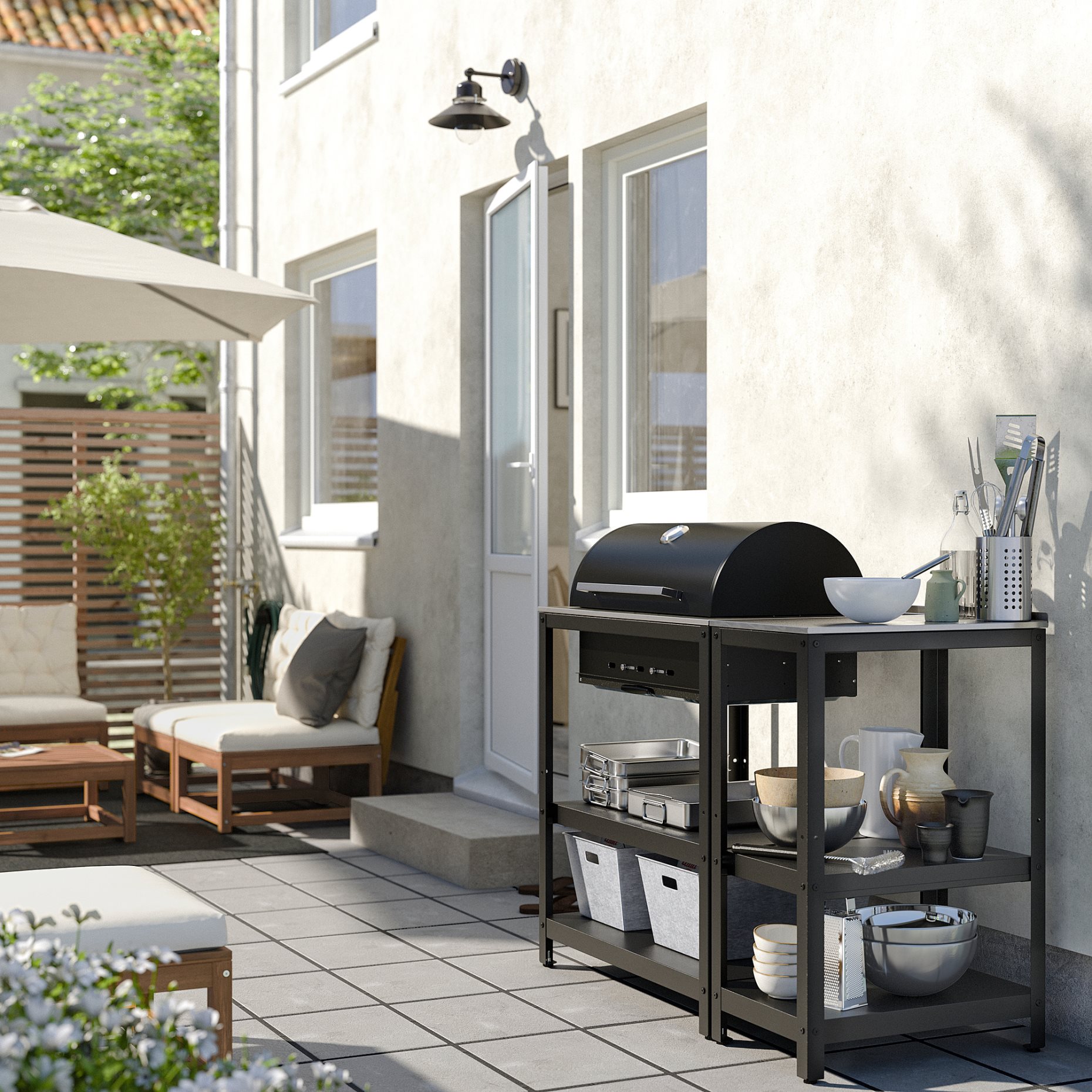 GRILLSKÄR, charcoal barbecue with kitchen island/outdoor, 125x61 cm, 994.952.38