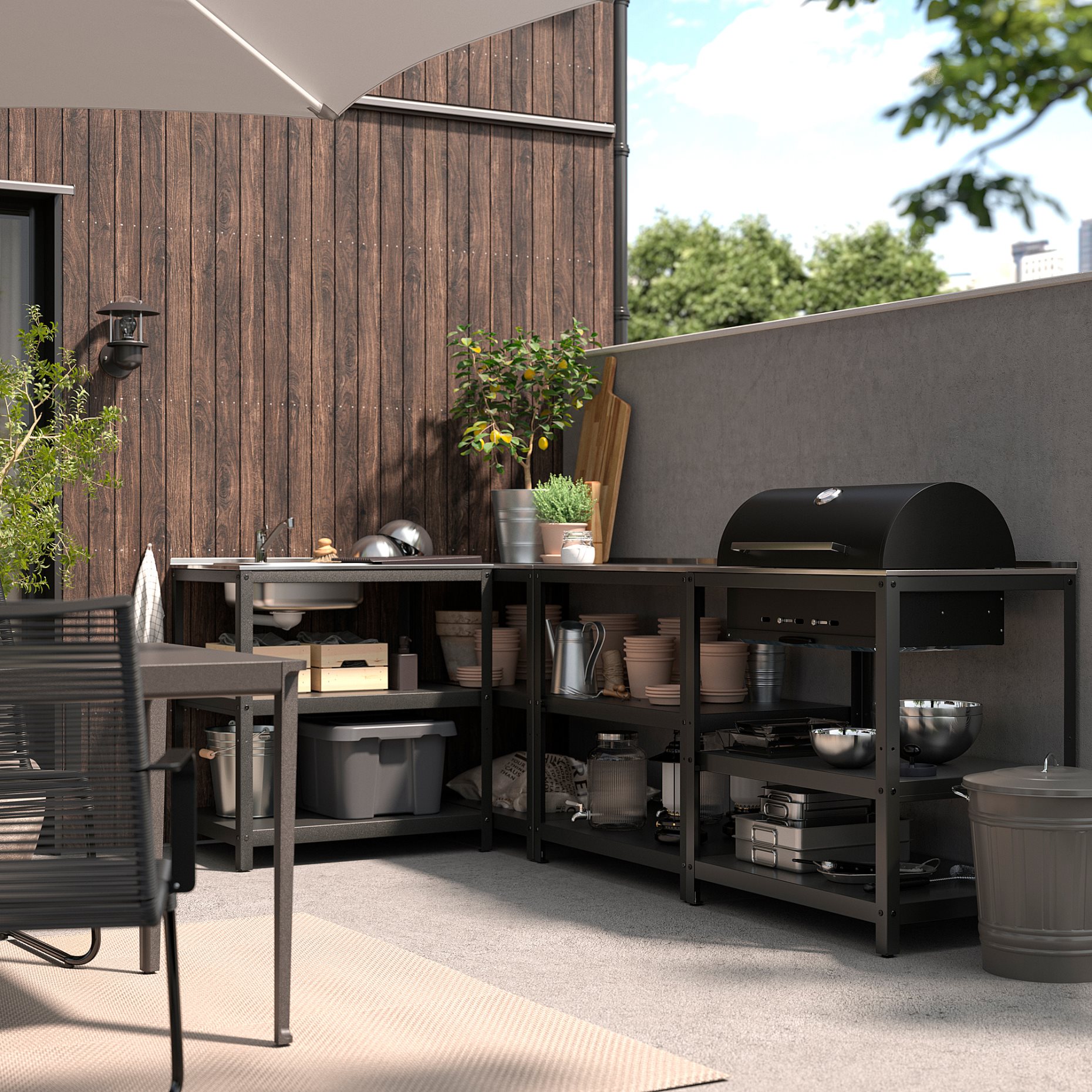GRILLSKÄR, kitchen sink unit/charcoal barbecue/outdoor, 258x147 cm, 994.964.45