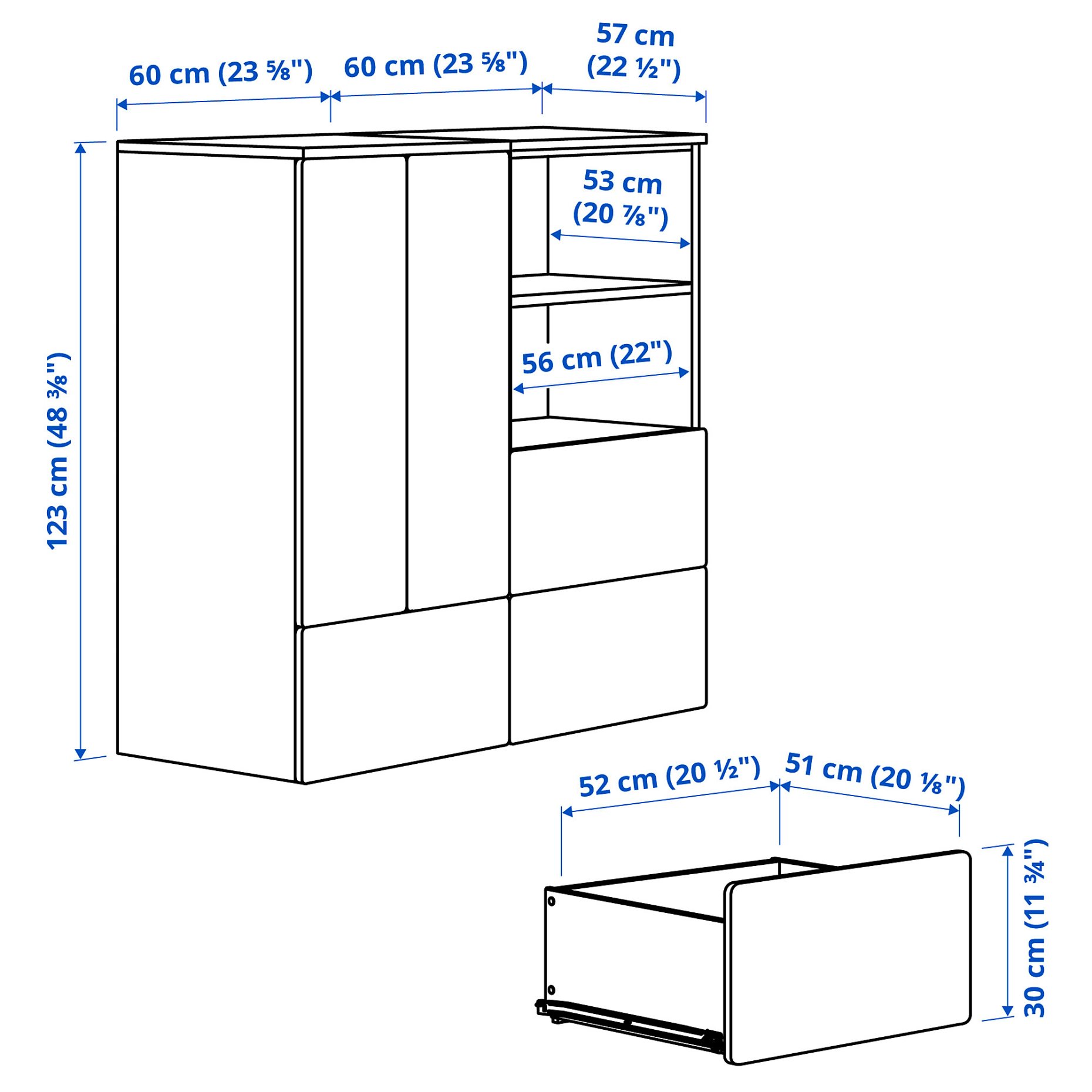 SMASTAD/PLATSA, storage combination with 3 drawers, 120x57x123 cm, 995.499.05