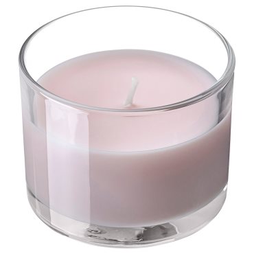LOTSFÅGEL, scented candle in glass/pink flowers, 20 hr, 006.084.56