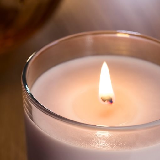LOTSFÅGEL, scented candle in glass/pink flowers, 20 hr, 006.084.56