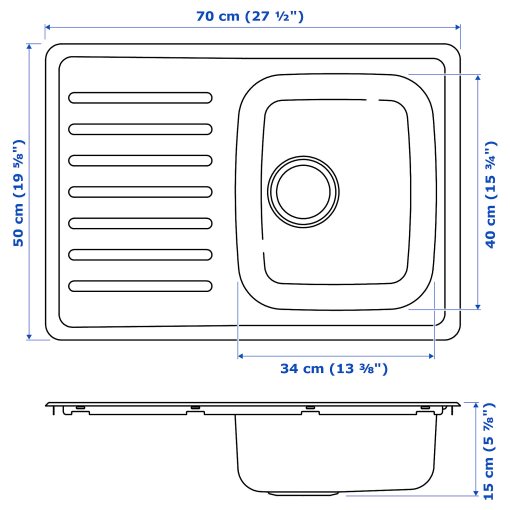 FYNDIG, inset sink 1 bowl with drainboard, 70x50 cm, 091.581.85