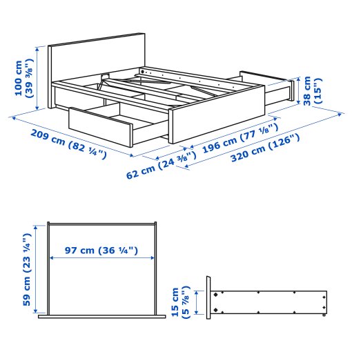 MALM, bed frame/high with 4 storage boxes, 180X200 cm, 190.199.19