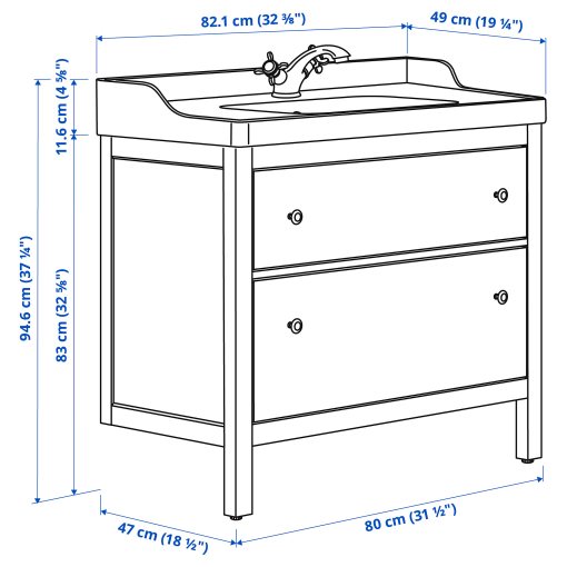 HEMNES/RUTSJON, βάση νιπτήρα με συρτάρια/νιπτήρα/μπαταρία, 82x49x95 cm, 195.468.40