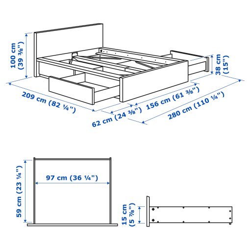 MALM, bed frame/high with 4 storage boxes, 140X200 cm, 391.754.28