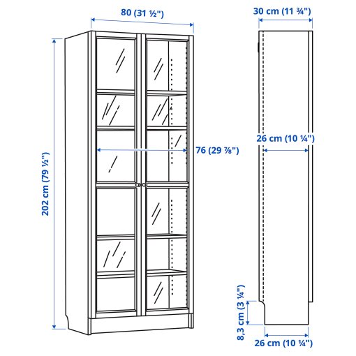 BILLY/OXBERG, bookcase with glass doors, 80x30x202 cm, 394.833.18