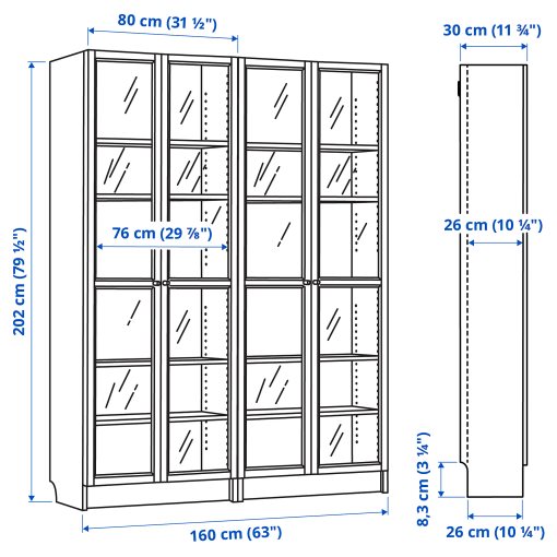 BILLY/OXBERG, bookcase combination with glass doors, 160x202 cm, 394.835.30